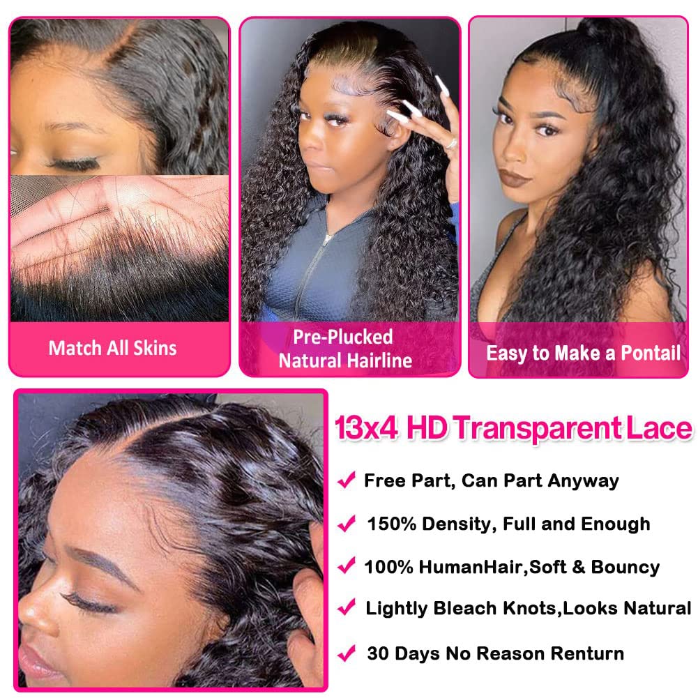 HD Transparent Lace Front Wigs Human Hair Water Wave 13x4 Lace Frontal Wigs for Women | Brazilian Deep Wave Human Hair Wigs with Baby Hair & Pre-Plucked Natural Hairline | 180% Density 26 Inch | Perfect for Daily Wear, Cosplay, Weddings & Special Occasions
