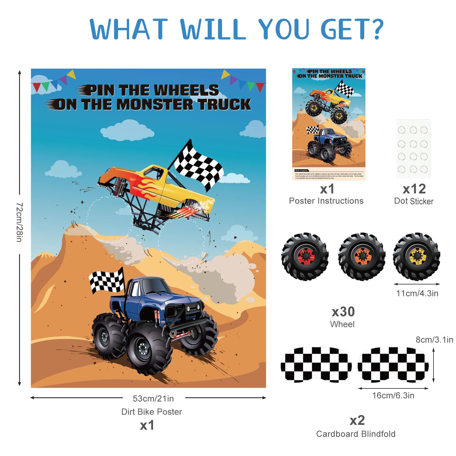ASTARON Pin The Wheels on The Truck Party Game - 30 Tire Stickers for Car Theme Birthday, Baby Shower & Christmas Party Supplies | Fun Kids Activity, Boys Party Favors & Holiday Gift Idea