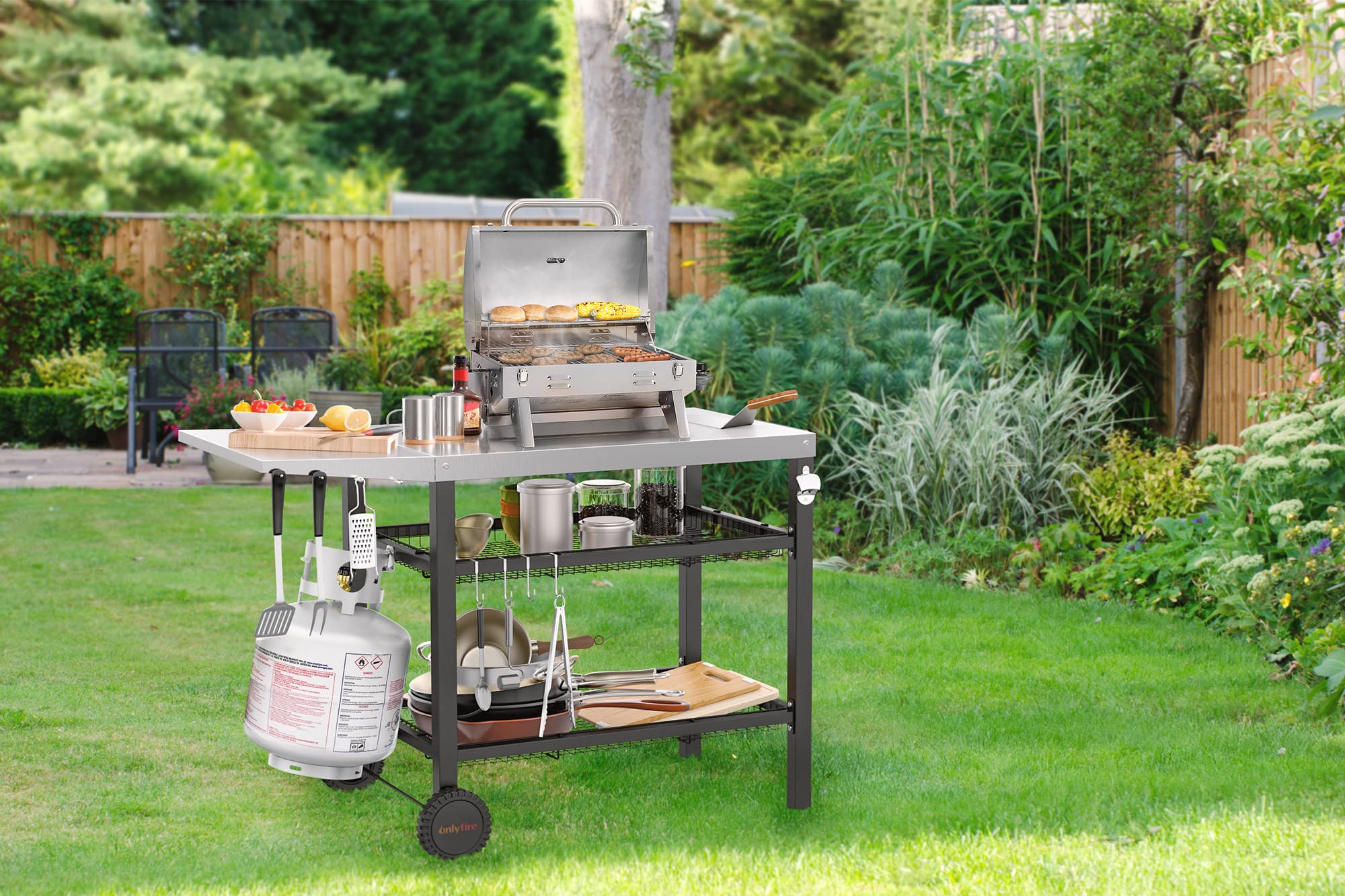 OnlyFire Stainless Steel Pizza Oven Cart for Ooni, Ninja Woodfire, Blackstone - Outdoor Grill Prep Table with Storage Basket & Wheels | Portable Cooking Station for Backyard, Patio & Camping Pizza Parties