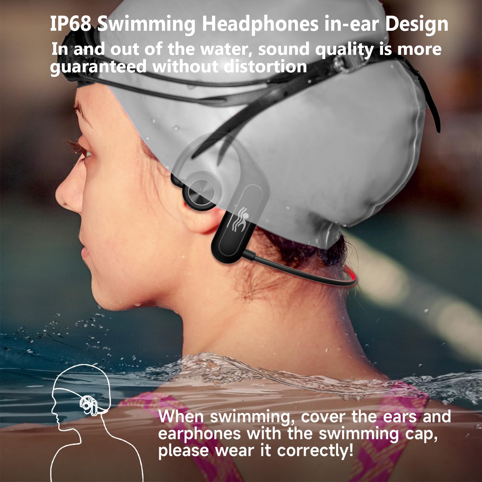 IPX8 Waterproof Bluetooth 5.4 Earbuds for Swimming - 32GB MP3 Player, 18H Playtime, Built-in Mic - Wireless in-Ear Headphones for Pool, Surfing & Water Sports (Black)