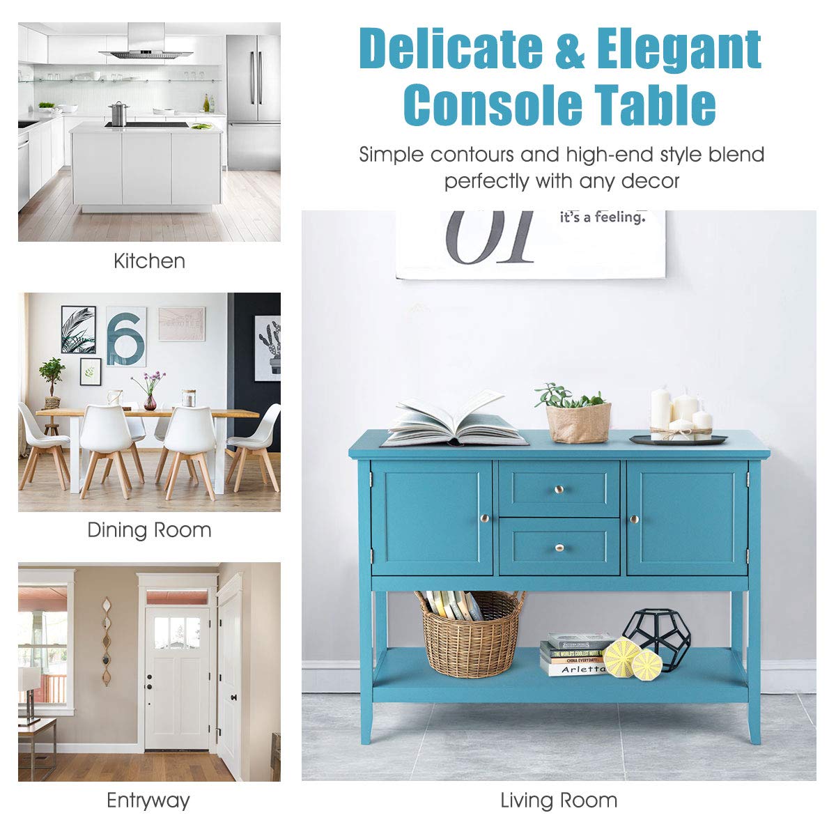 Furniga Wood Buffet Sideboard with Drawers & Cabinets for Living Room Dining Kitchen - Blue