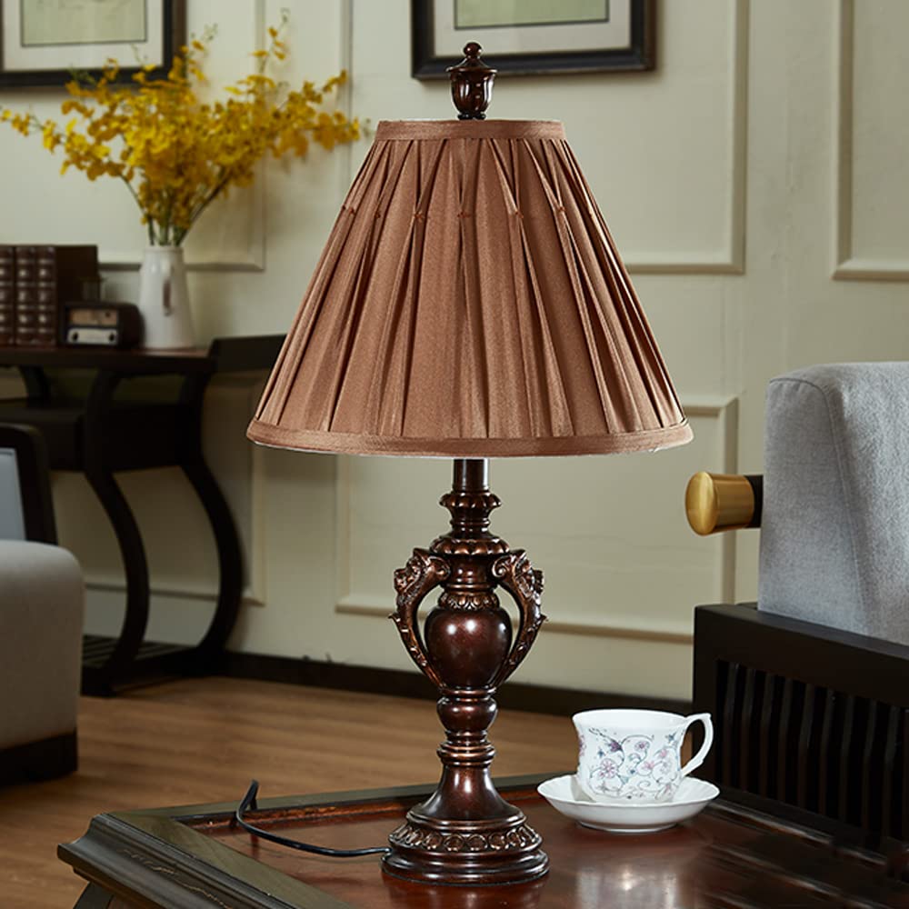 Vintage Bronze Resin Table Lamp with Drum Shade - Bedroom Nightstand Light, Living Room Accent Lamp, Study Desk Lighting for Cozy Ambience & Reading Comfort