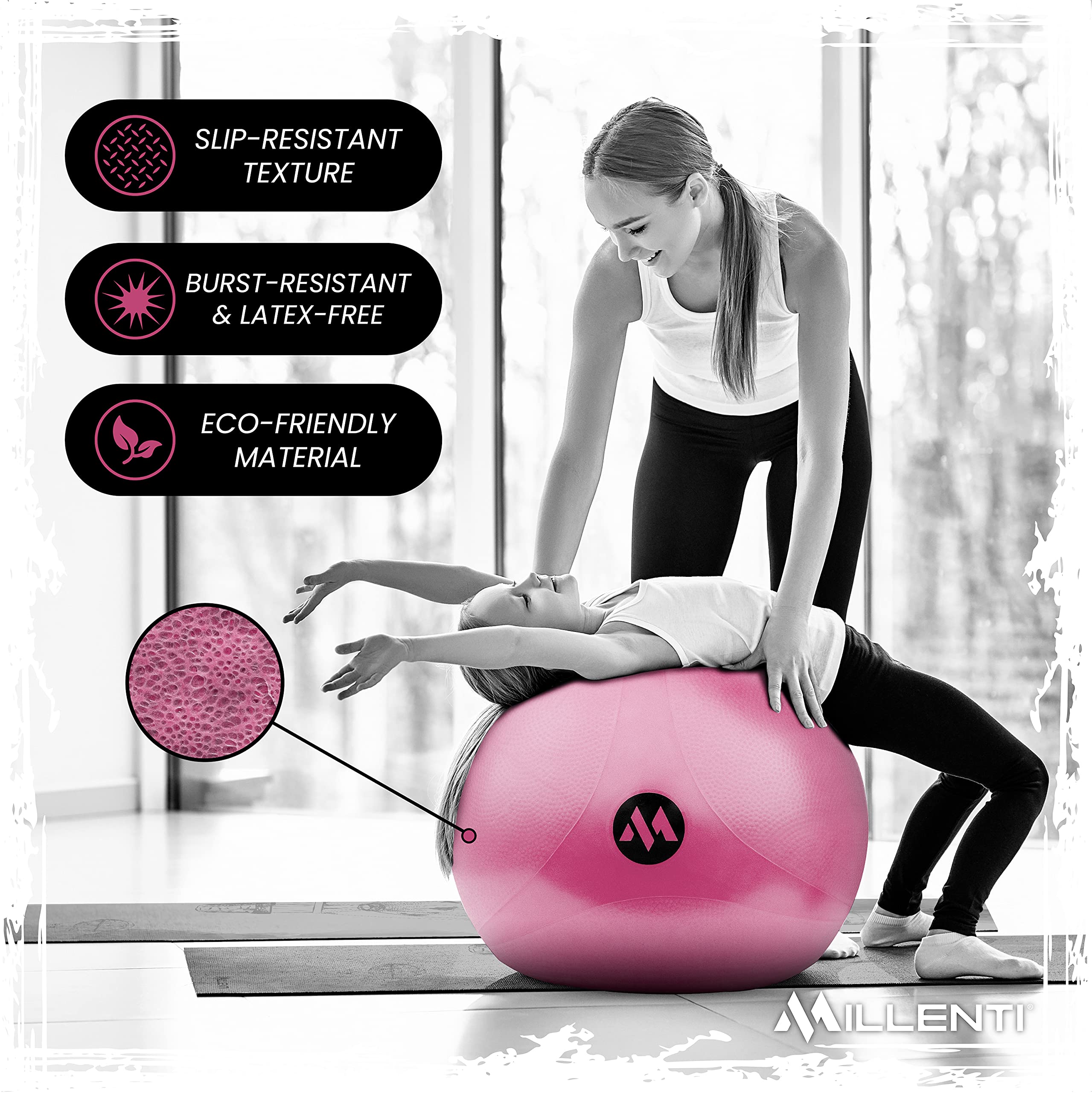 Millenti 65cm Exercise Ball Chair with Stability Base Ring Kit & Fitness Resistance Bands - Yoga, Pilates, Home Gym, Office Chair, Pregnancy Birthing Ball - Includes Workout Chart for Home Fitness and Office Ergonomic Support