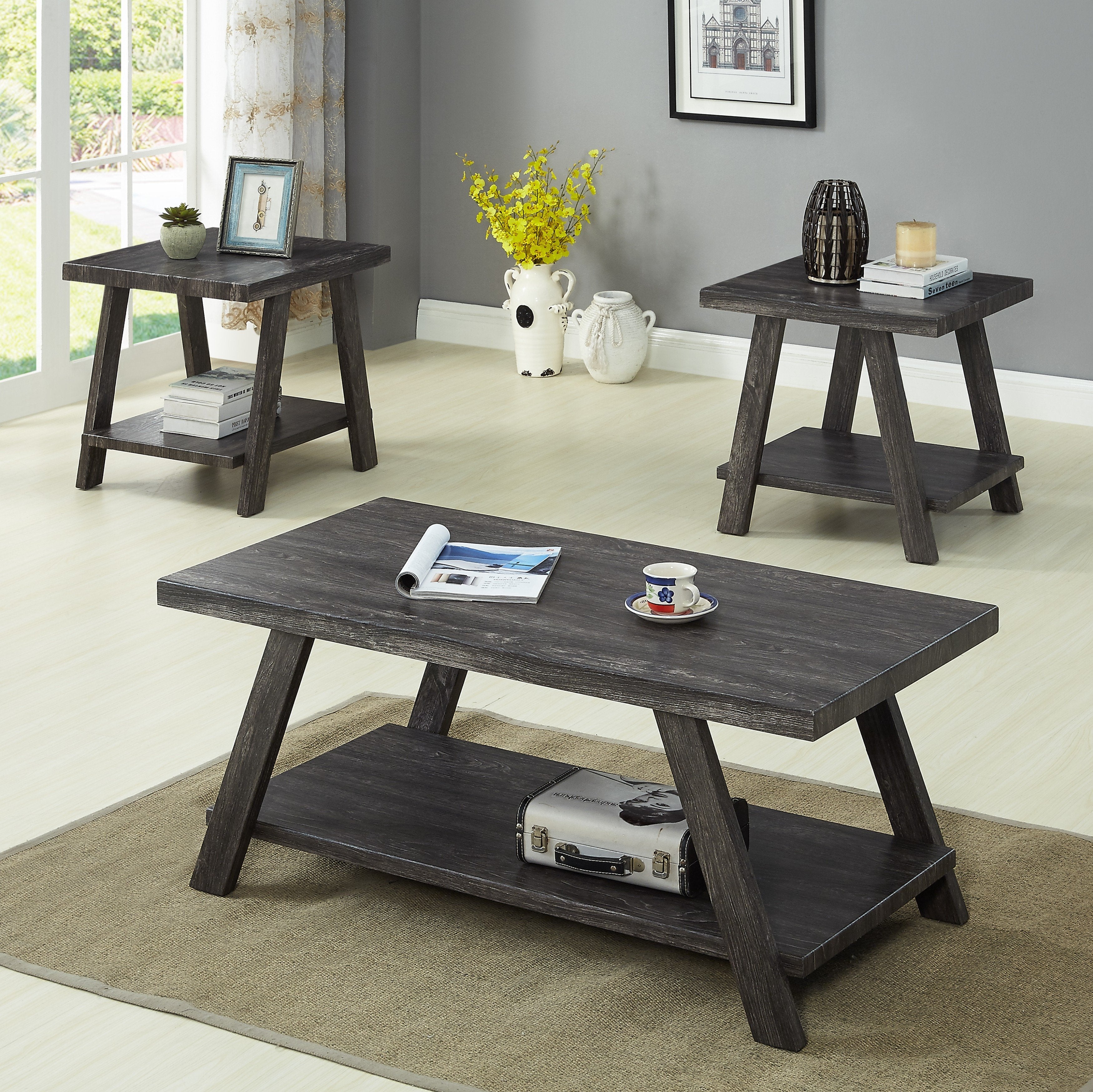 Roundhill Furniture Athens Contemporary Replicated Wood Coffee Table with Shelf - Charcoal Finish - Modern Living Room & Office Decor