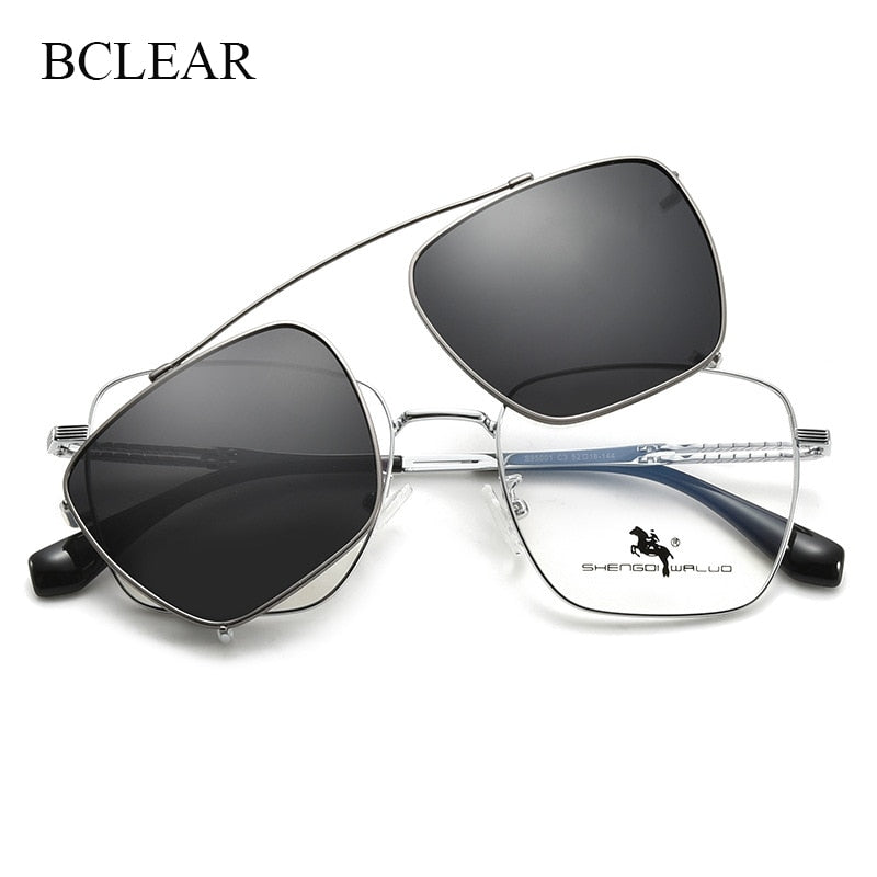 Bclear Men's Full Rim Square Alloy Frame Eyeglasses with Clip-On Polarized Sunglasses - ZT95001 | Stylish UV Protection for Driving, Outdoor & Everyday Wear