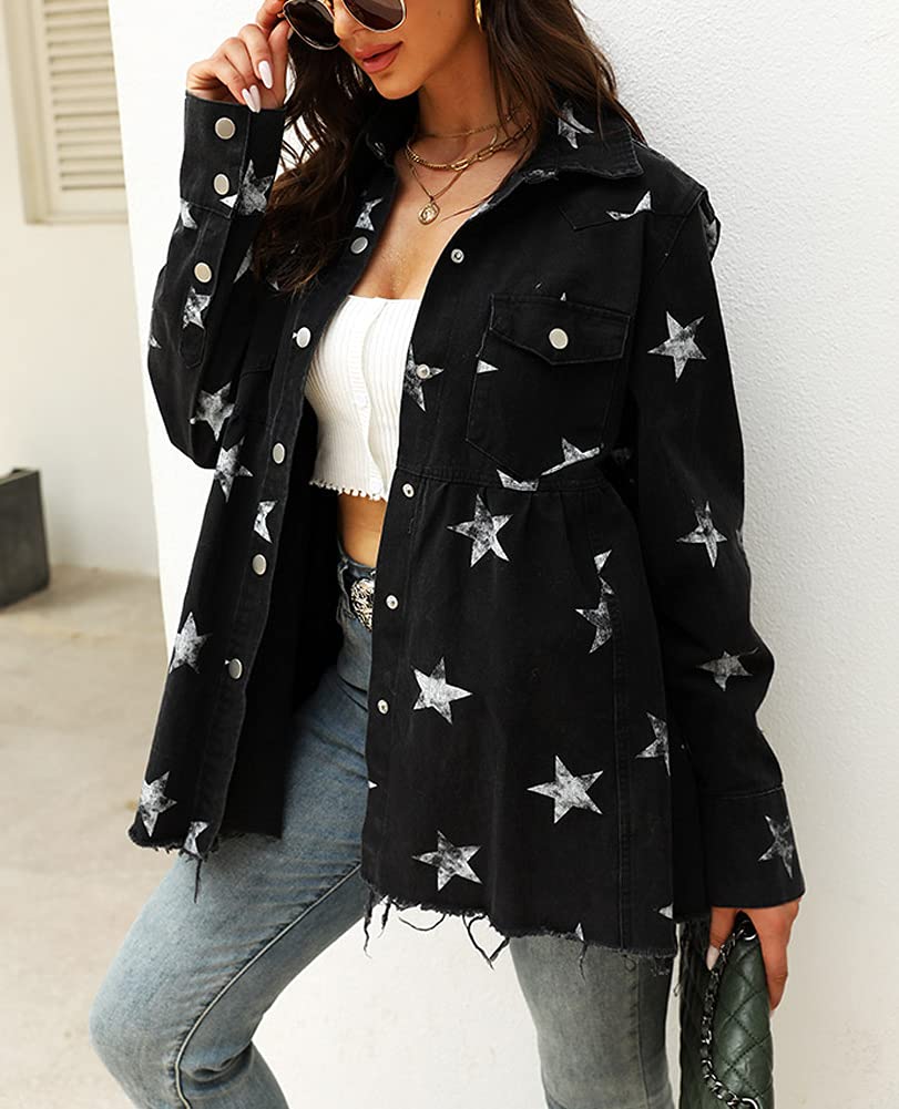 Chouyatou Women's Distressed Denim Jacket with Raw Hem & Star Print - Mid-Length Peplum Style for Casual Outfits, Perfect for Spring Layering and Streetwear Fashion