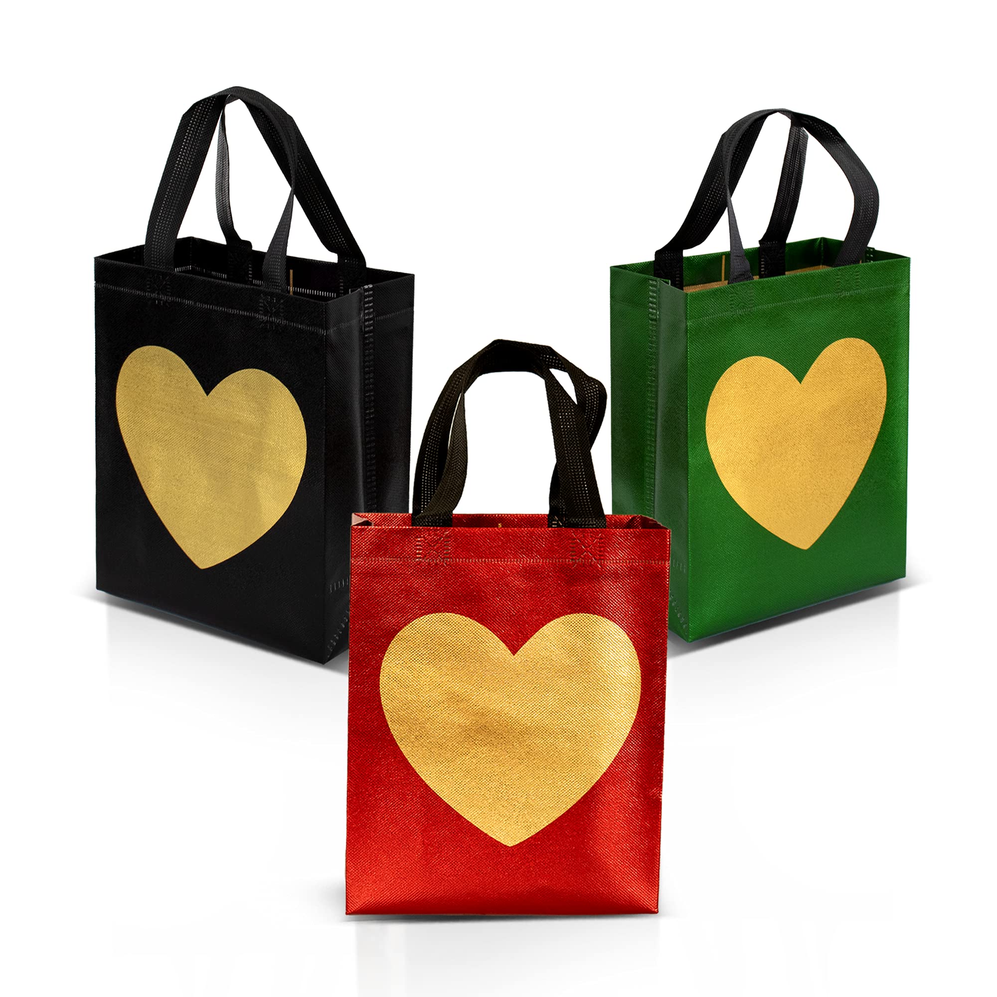 Nush Nush 12-Pack Medium Heart Gift Bags - 4 Red, 4 Green, 4 Black Reusable Holiday Gift Bags with Handles (8