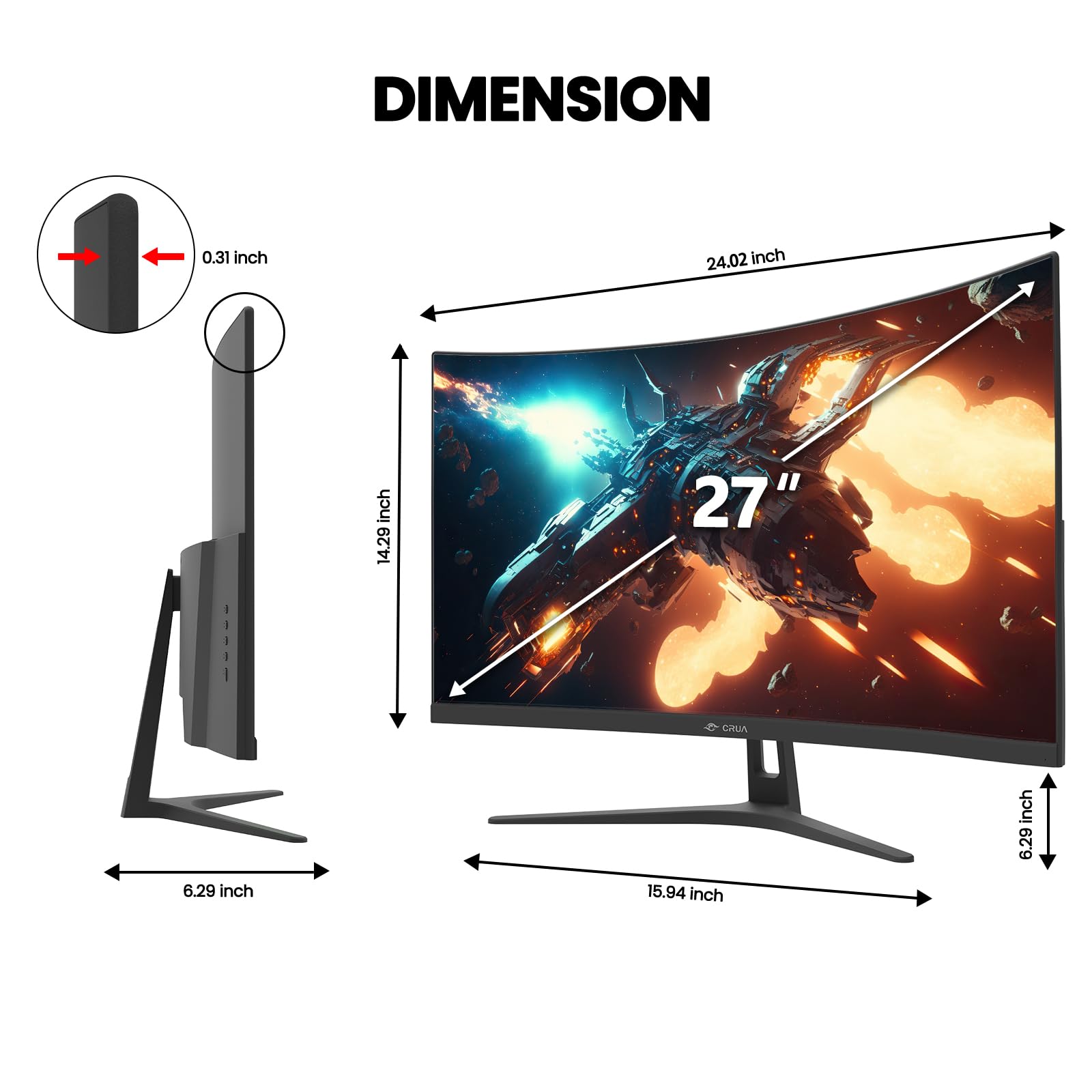 CRUA 27 Inch Curved Gaming Monitor 280Hz 240Hz, 1ms GTG Response, FHD 1080P VA Panel, 99% sRGB, 1800R Curvature, FreeSync Compatible, HDMI/DP Ports, Wall Mountable, Tilt Adjustable, Eye Care Technology - Perfect for Esports, PC Gaming, and Home Office Setup