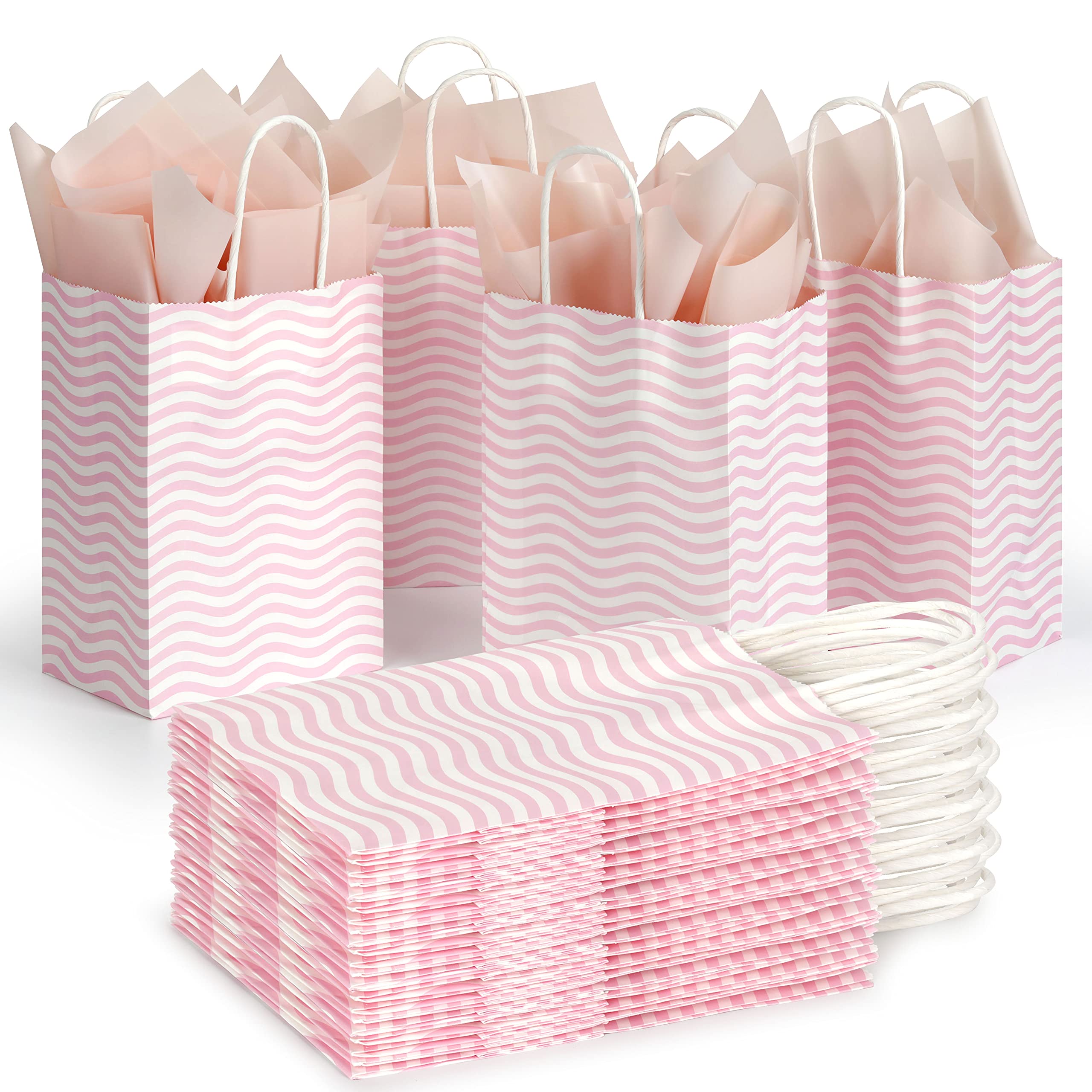 UCIBO 25-Pack Pink Striped Gift Bags 5x3.75x8 Inches - Eco-Friendly Kraft Paper Shopping Bags with Handles for Retail, Parties, Weddings & Business Gifts | Perfect for Packaging, Craft Projects & Holiday Presents