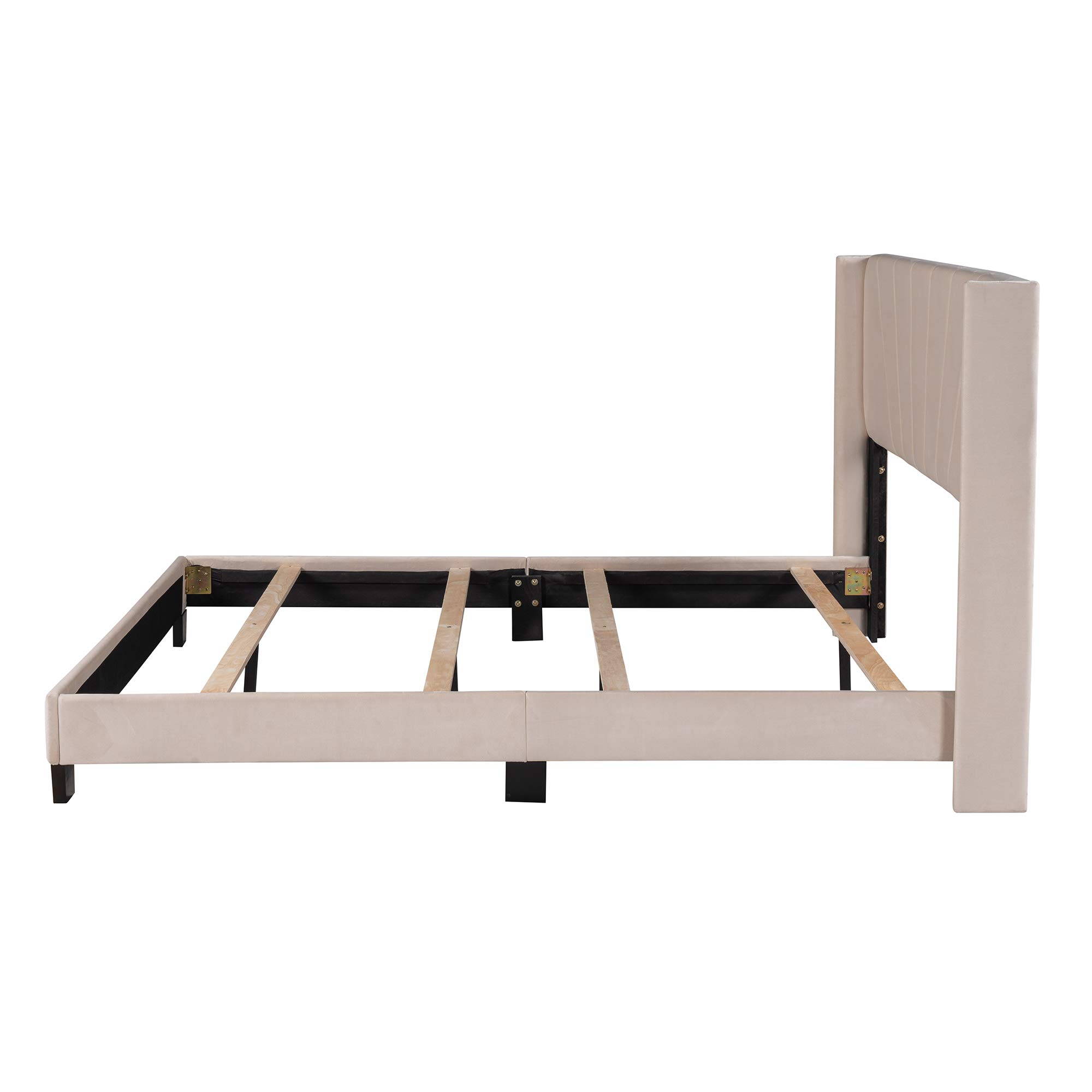 Queen Size Velvet Upholstered Wingback Platform Bed Frame with Headboard - Heavy Duty Metal Support, No Box Spring Needed - Luxurious Bedroom Furniture for Master Suite & Guest Room (Beige)
