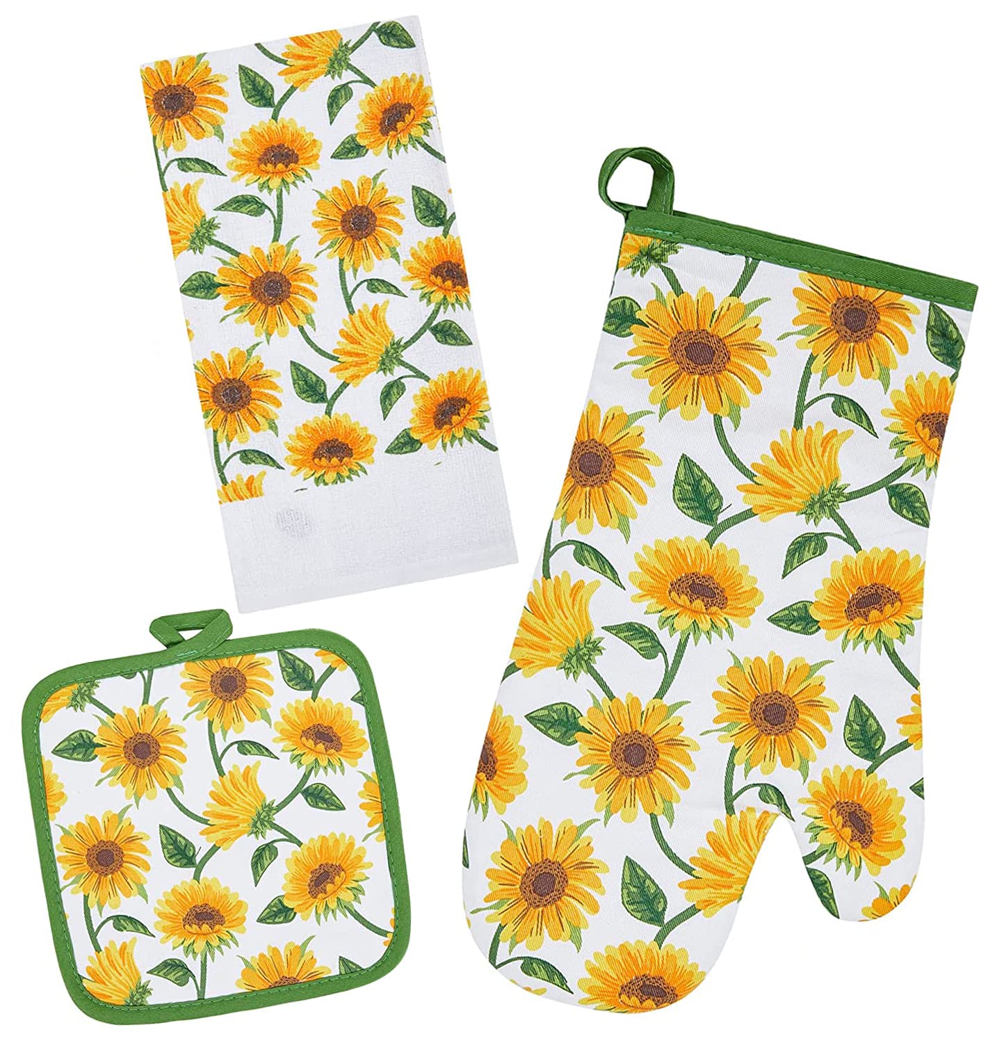 Heat Resistant Oven Mitts and Potholders Set - 100% Cotton Kitchen Accessories for Baking, Cooking & Gifting - Machine Washable & Durable (3-Piece Sunflower Design) - Perfect for Holiday Baking, BBQ Grilling & Everyday Kitchen Use