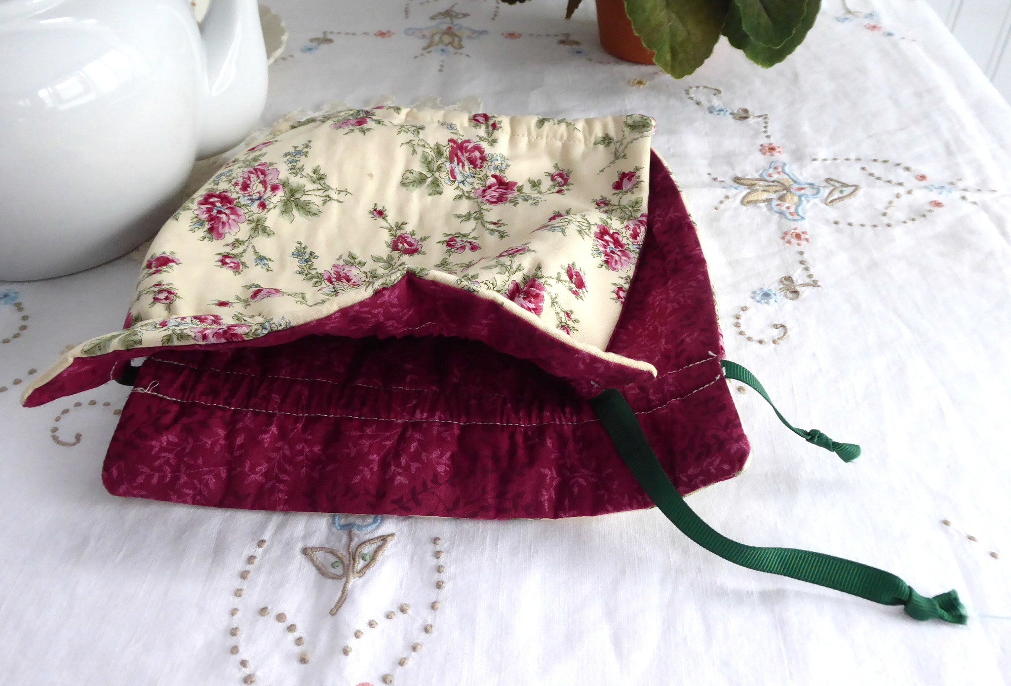 Reversible Tea Cozy with Padded Rosebuds Design - Cream & Burgundy Lining - Perfect for Tea Parties, Afternoon Tea, and Keeping Tea Warm - Made in USA
