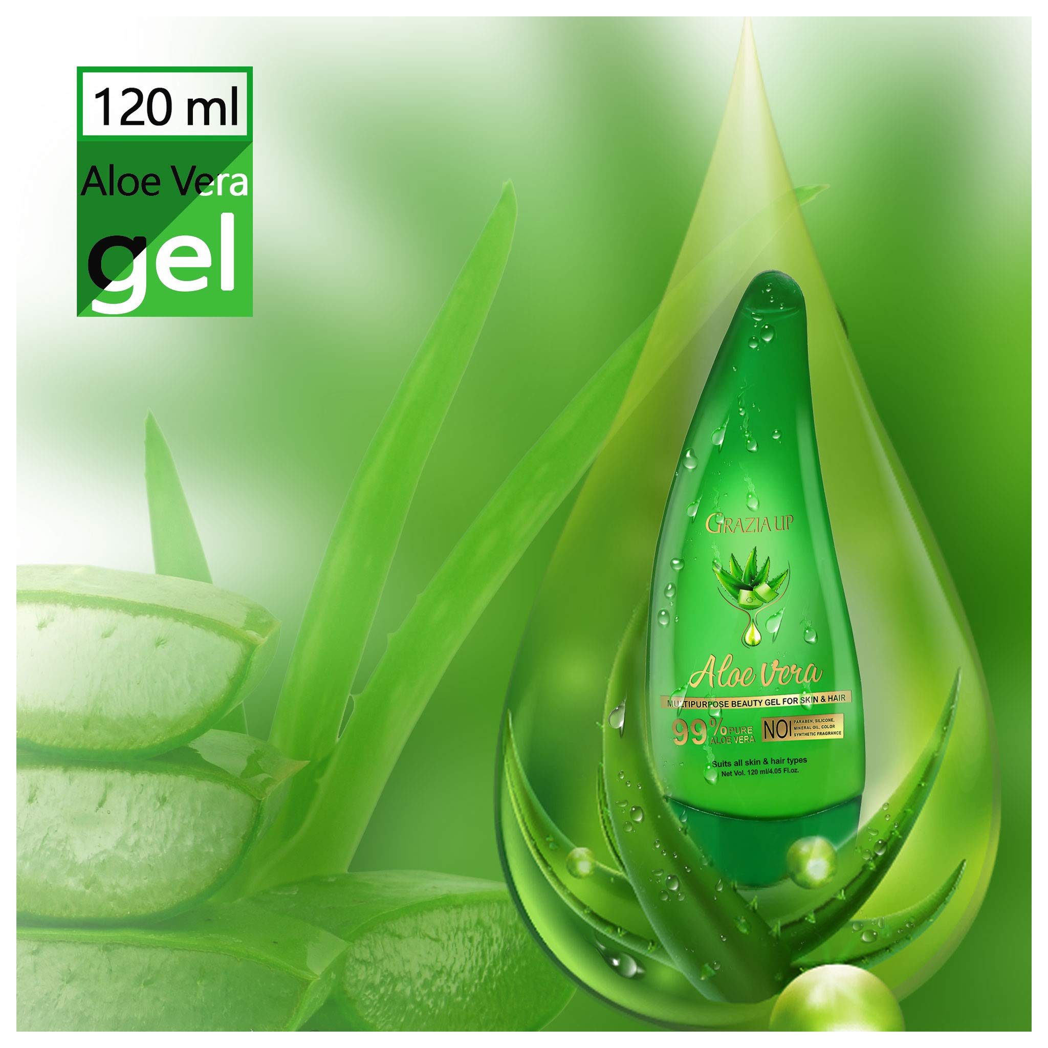 Grazia Up 99% Pure Aloe Vera Gel for Skin & Hair Care - 120ml Multipurpose Beauty Solution | Hydrates, Soothes & Repairs Dry Skin, Sunburn Relief, Hair Conditioning