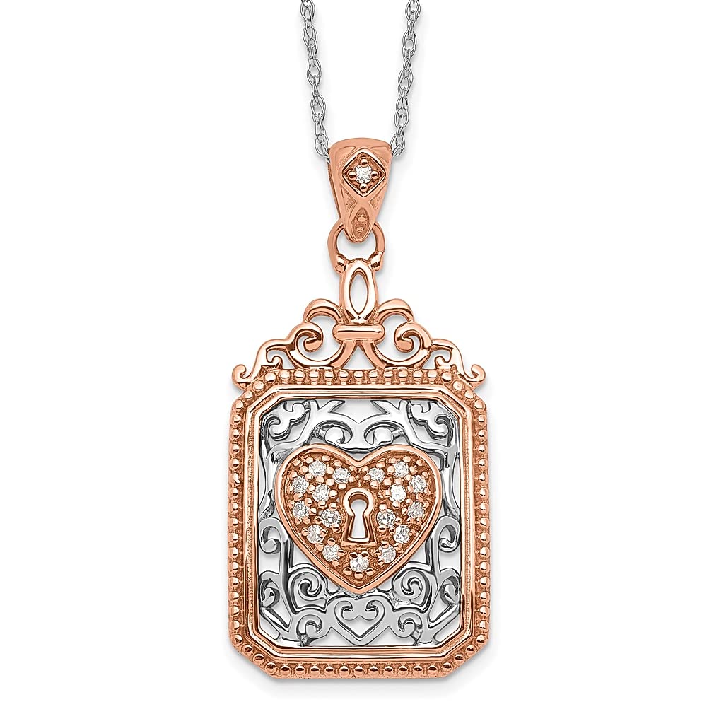10K Two-Tone Yellow Gold Filigree Diamond Heart Lock Pendant Necklace for Women - Elegant Fine Jewelry Gift for Her - Perfect for Anniversaries, Valentine's Day & Special Occasions