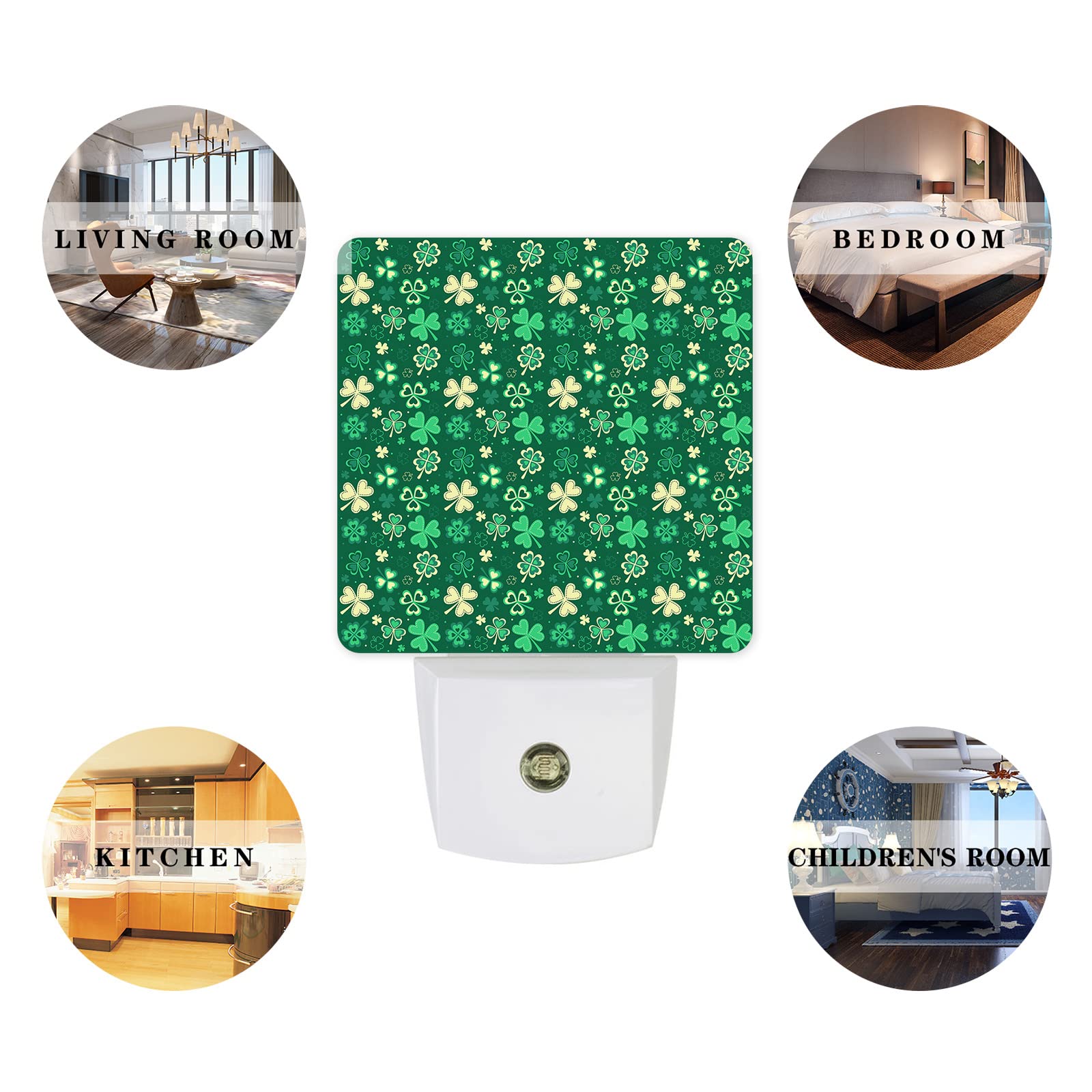 LED Night Light Plug in with Auto Sensor - St. Patrick's Day Shamrock Clover Green Night Lamp for Kids, Bedroom, Bathroom, Hallway | Energy Efficient Nightlight for Nursery, Kitchen, Stairs & Home Decor