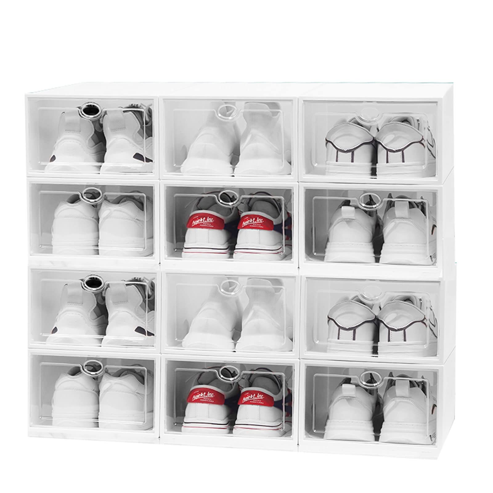 12 Pack Clear Plastic Stackable Shoe Storage Boxes with Transparent Door - Foldable Space Saving Shoe Organizer Bins for Closet, Under Bed & Dorm (White, 29x20.5x12 Inches/11.4x8.1x4.7 Inches) - Perfect for Sneakers, Boots & Heels Storage