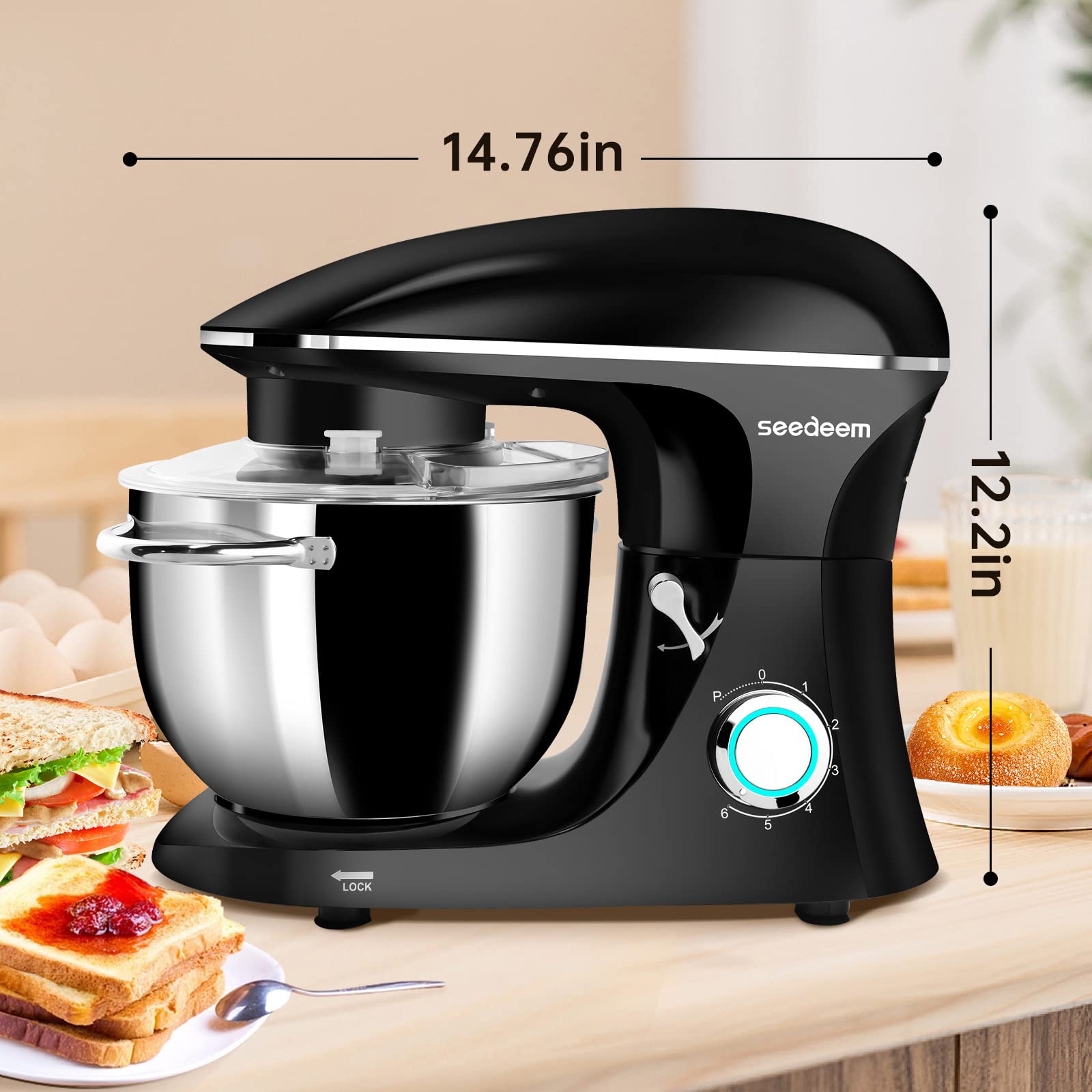 Seedeem 6Qt Stand Mixer, 660W Electric Food Mixer with Tilt-Head, 6-Speed Dough Mixer - Includes Dishwasher-Safe Dough Hook, Wire Whip & Beater - Perfect for Baking Bread, Cookies, Cakes & More - Black
