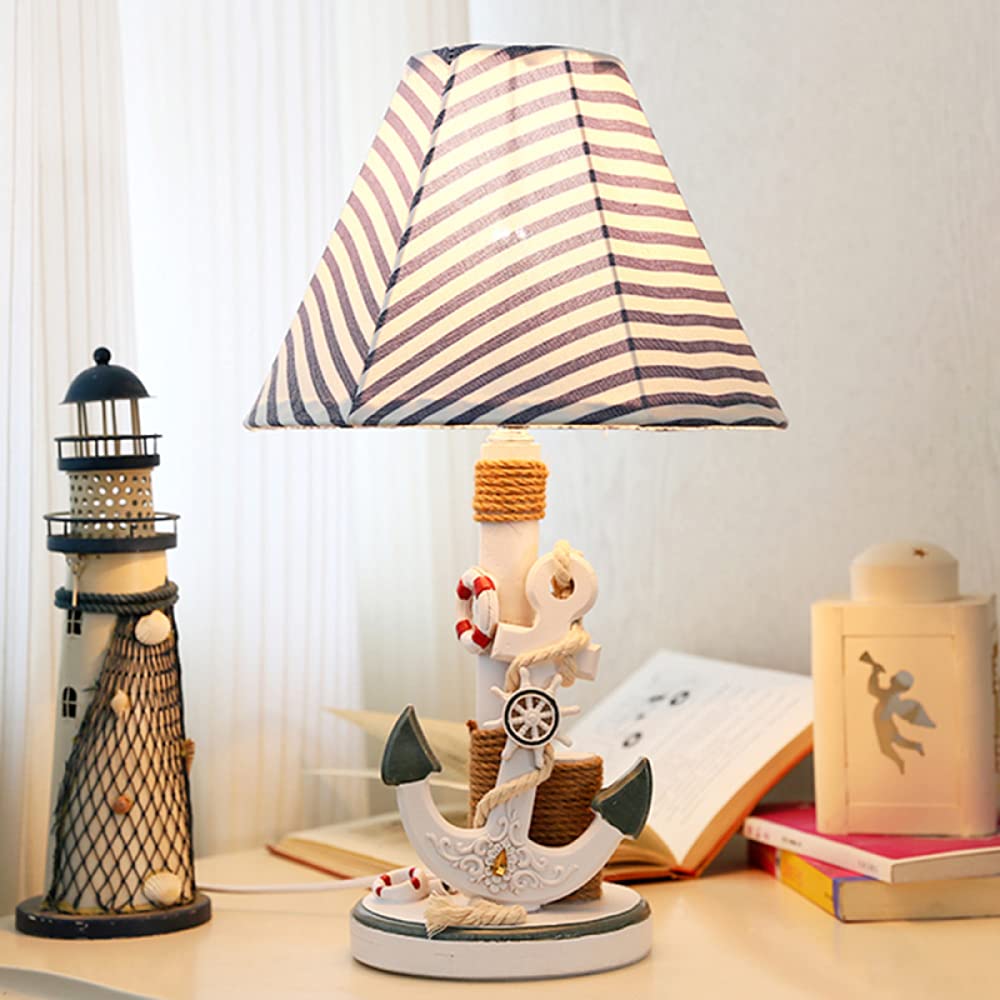 Navy Blue Anchor Table Lamp - Fabric & Resin Nautical Night Light with Rope Reading Light for Bedroom, Living Room, Office | Coastal Decor, Marine Theme Lighting