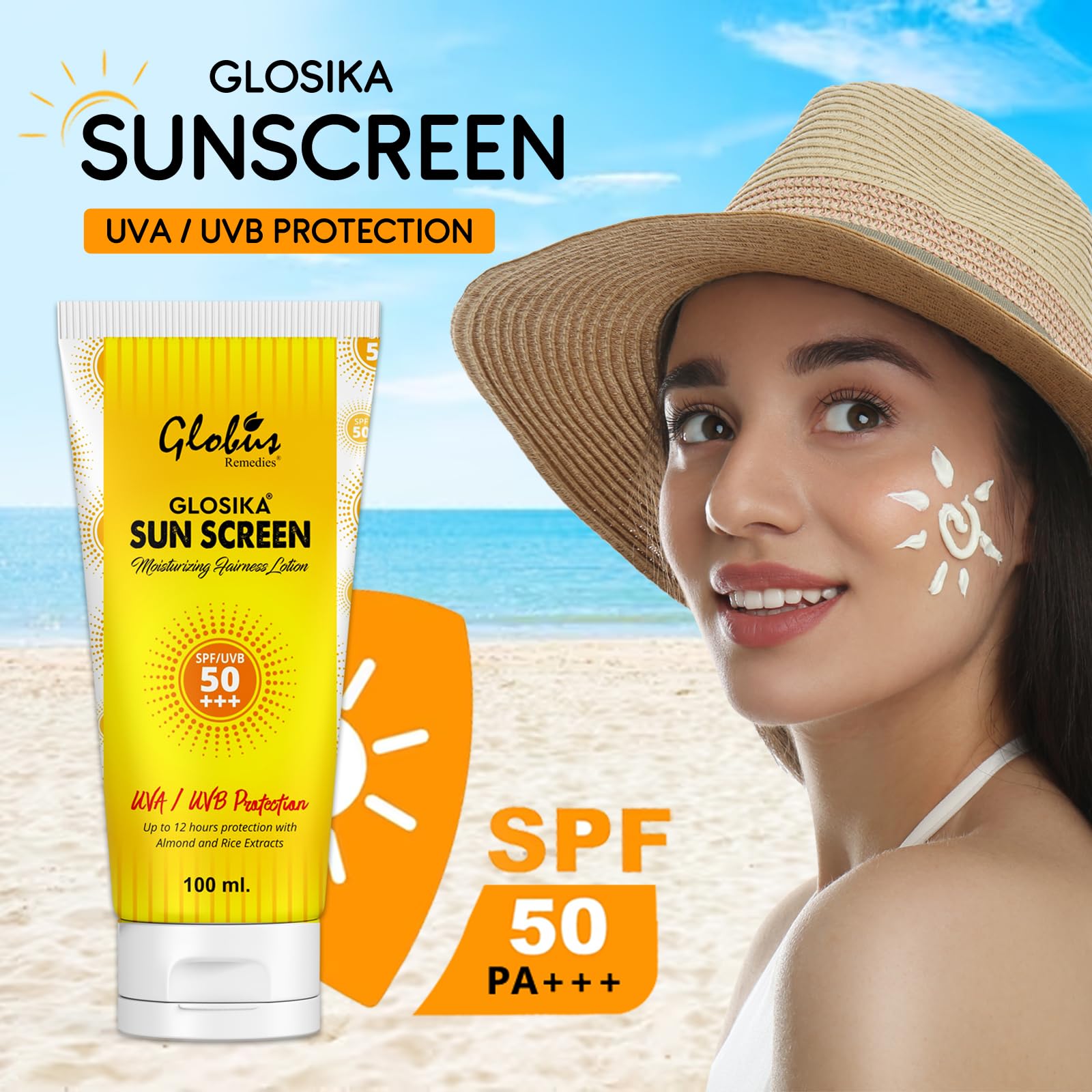 Globus Remedies Glosika SPF 50 PA+++ Sunscreen Lotion with Almond & Rose Extract - 12 Hours Sun Protection - Moisturizing & Anti-Aging Face & Body Sunscreen for Daily Outdoor Activities, Beach & Swimming
