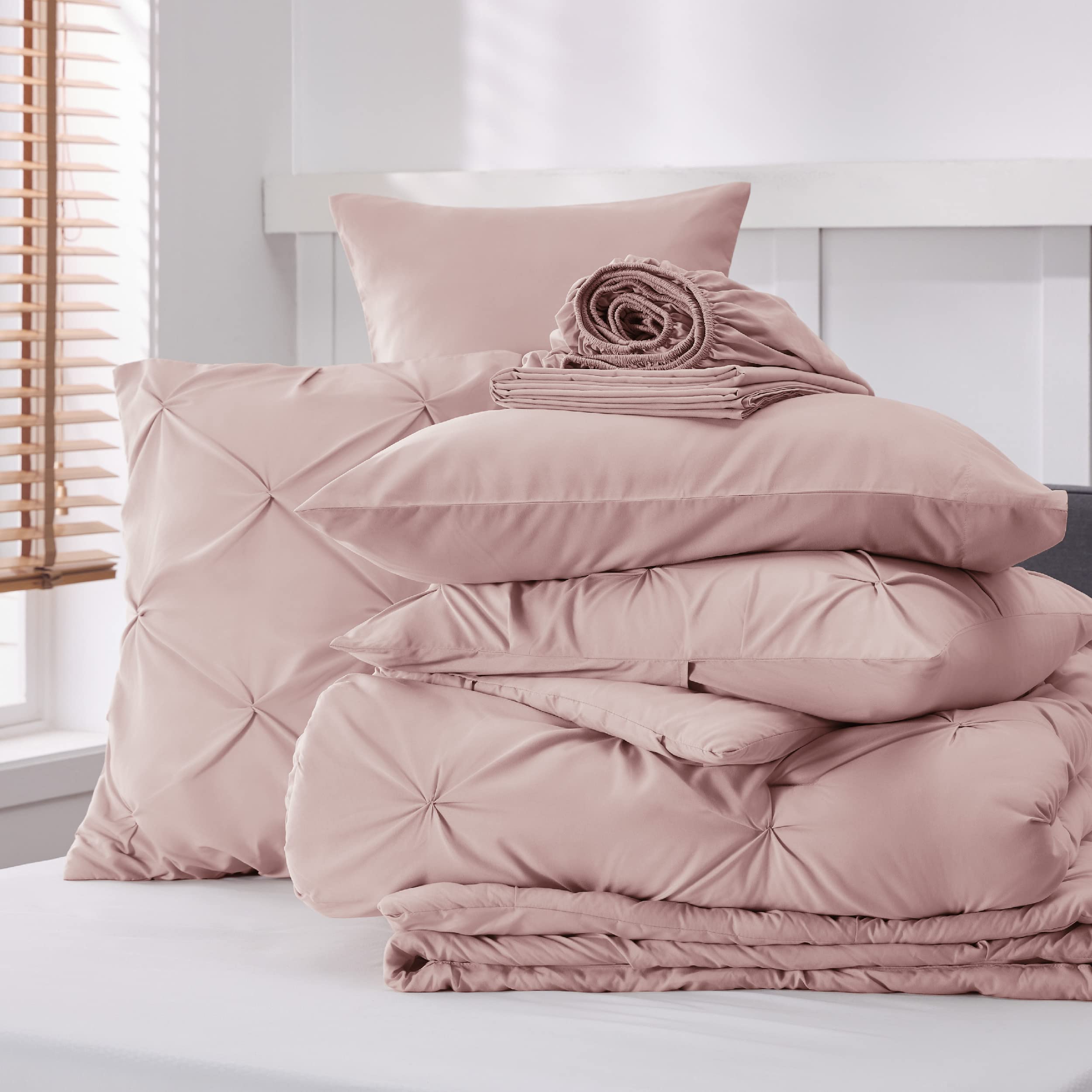 Bedsure King Size Comforter Set - 7 Piece Pink Pinch Pleat Bedding Set with Comforter, Sheets, Pillowcases & Shams | Ultra Soft GentleSoft™ Pintuck Design | Perfect for Master Bedroom, Guest Room & Gift Giving | Machine Washable Luxury Bed in a Bag