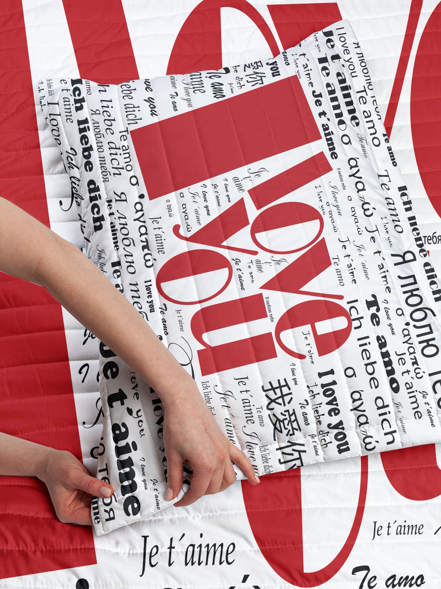 Ambesonne Reversible Bedspread Set - 'I Love You' Newspaper Print with Happy Mother's Day Lettering, Microfiber Comforter & Pillow Shams, Twin Size in White & Black | Perfect for Valentine's Day Gifts, Anniversary Presents & Contemporary Bedroom Decor