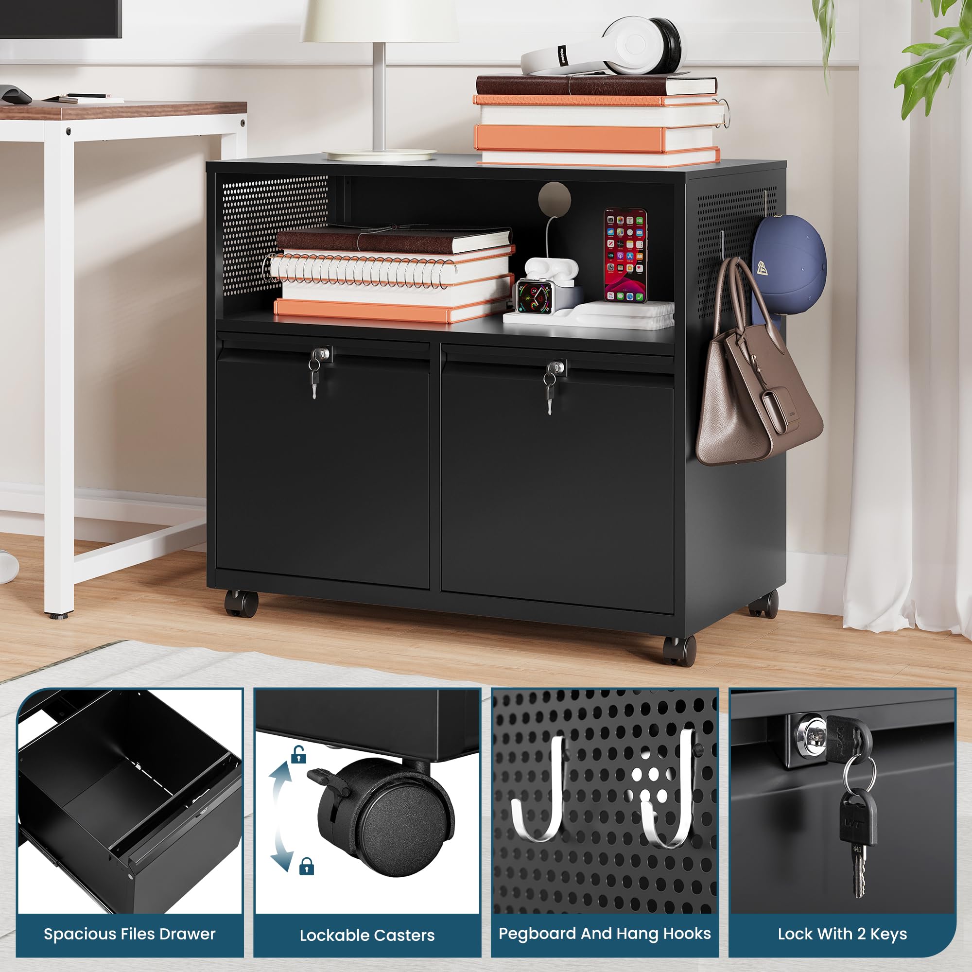 MIIIKO 2-Drawer Rolling File Cabinet with Storage Shelf - Black Metal Home Office Organizer for Printer, Letter & A4 Files | Perfect for Document Storage and Workspace Organization