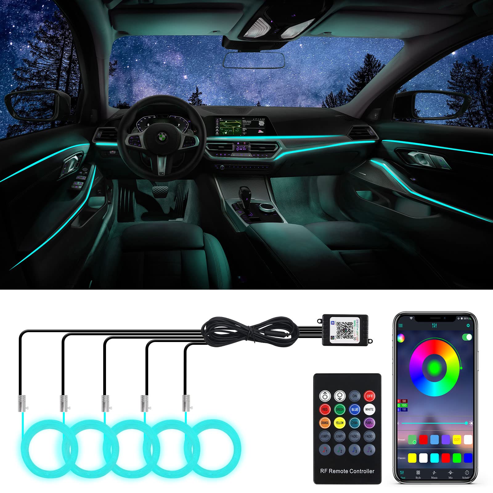 RGB Car LED Strip Lights - 16 Million Color Changing Interior Ambient Lighting Kit with 236