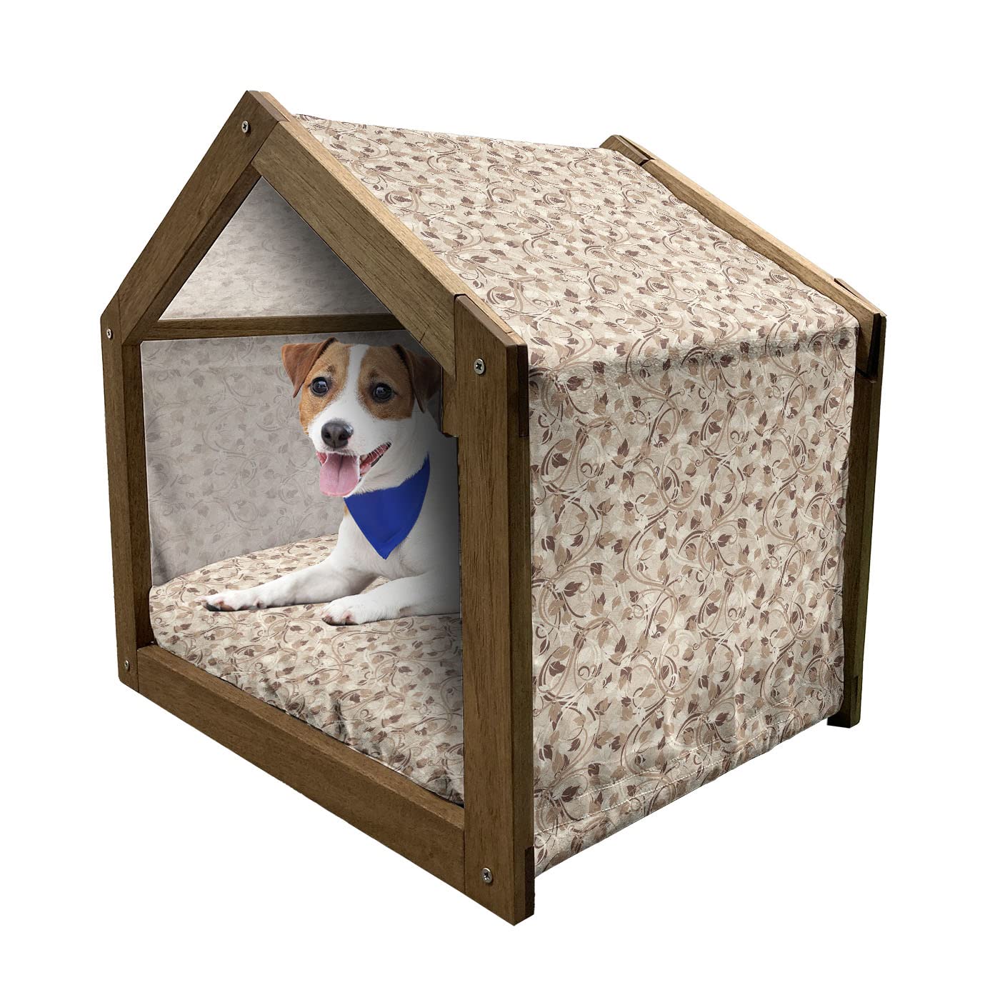 Ambesonne Ivory Wooden Pet House - Autumn Leaves Faded Earthen Tones Dog Kennel with Pillow & Cover | Indoor & Outdoor Portable Dog Bed for Small Dogs | Cozy Fall-Themed Pet Shelter for Home, Yard, or Travel
