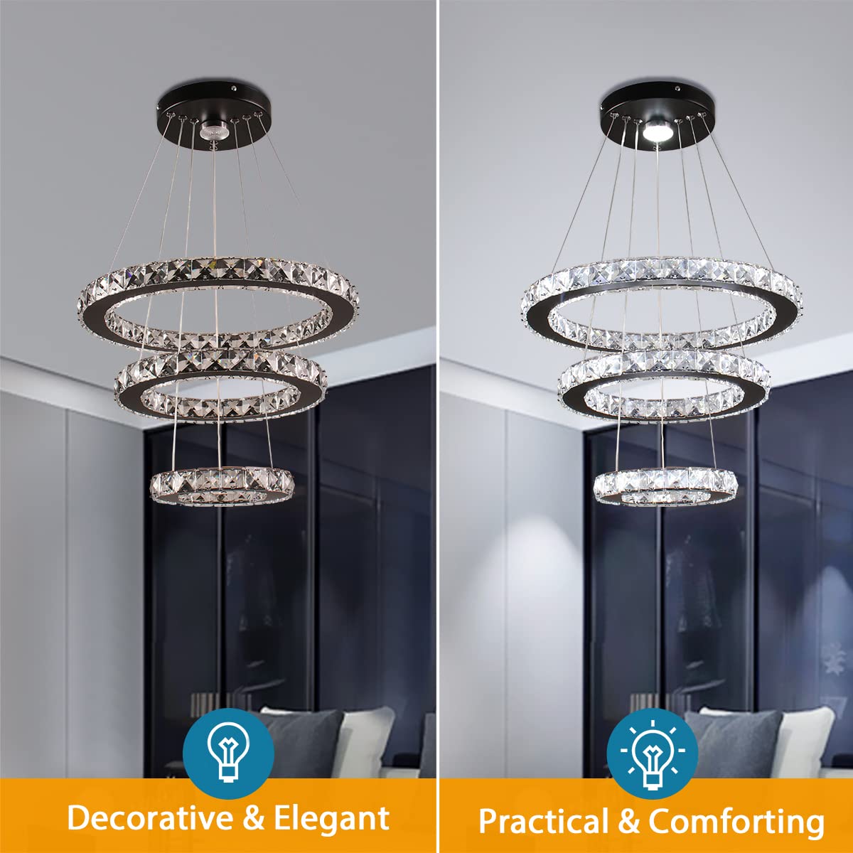 Modern LED Crystal Black Chandelier - 3-Tier Adjustable Height Pendant Light Fixture for Dining Room, Bedroom & Living Room (Cool White) | Elegant Ceiling Lighting for Home Decor, Wedding Venues & Restaurants