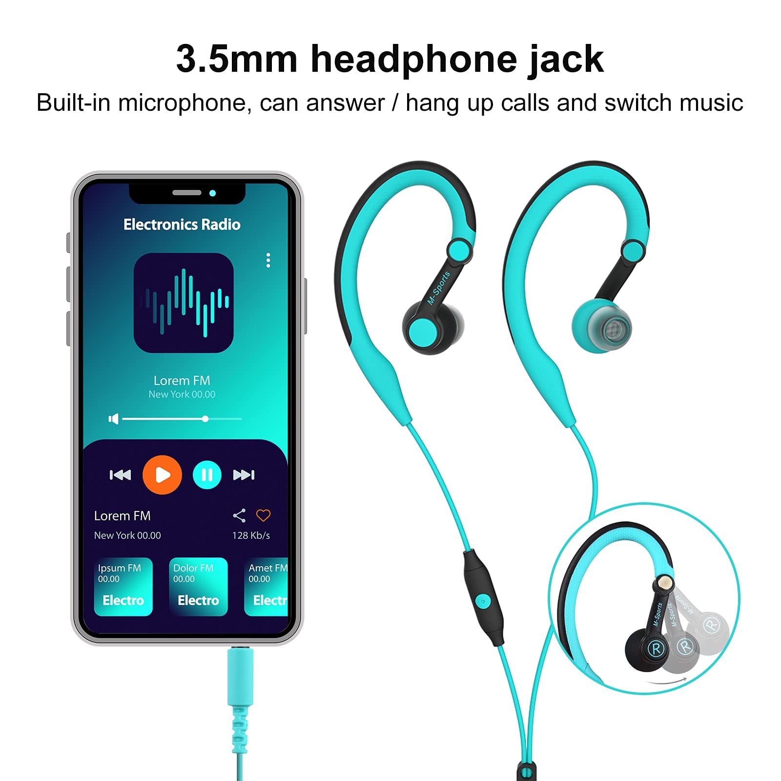 Best Wired Sports Headphones with Ear Hook for Running & Workouts - Secure Fit, 3.5mm Jack, Sweatproof (Blue) - Perfect for Gym, Jogging & Outdoor Activities