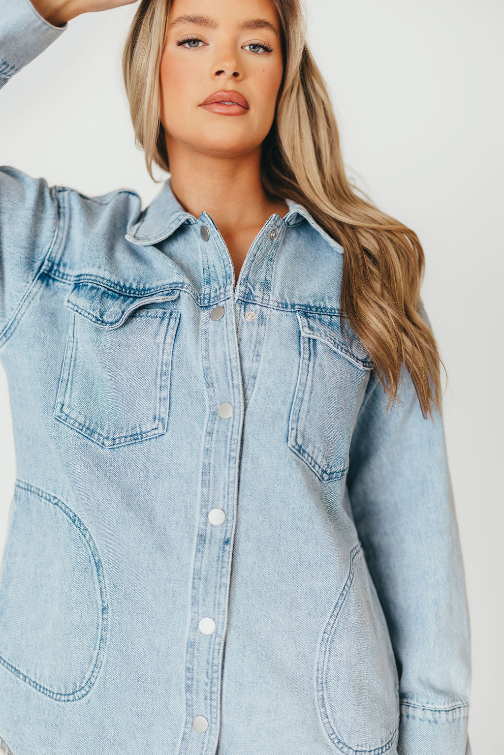Meritt Longline Denim Jacket for Women - Light Wash Distressed Denim Coat | Casual Streetwear, Spring & Fall Layering Essential