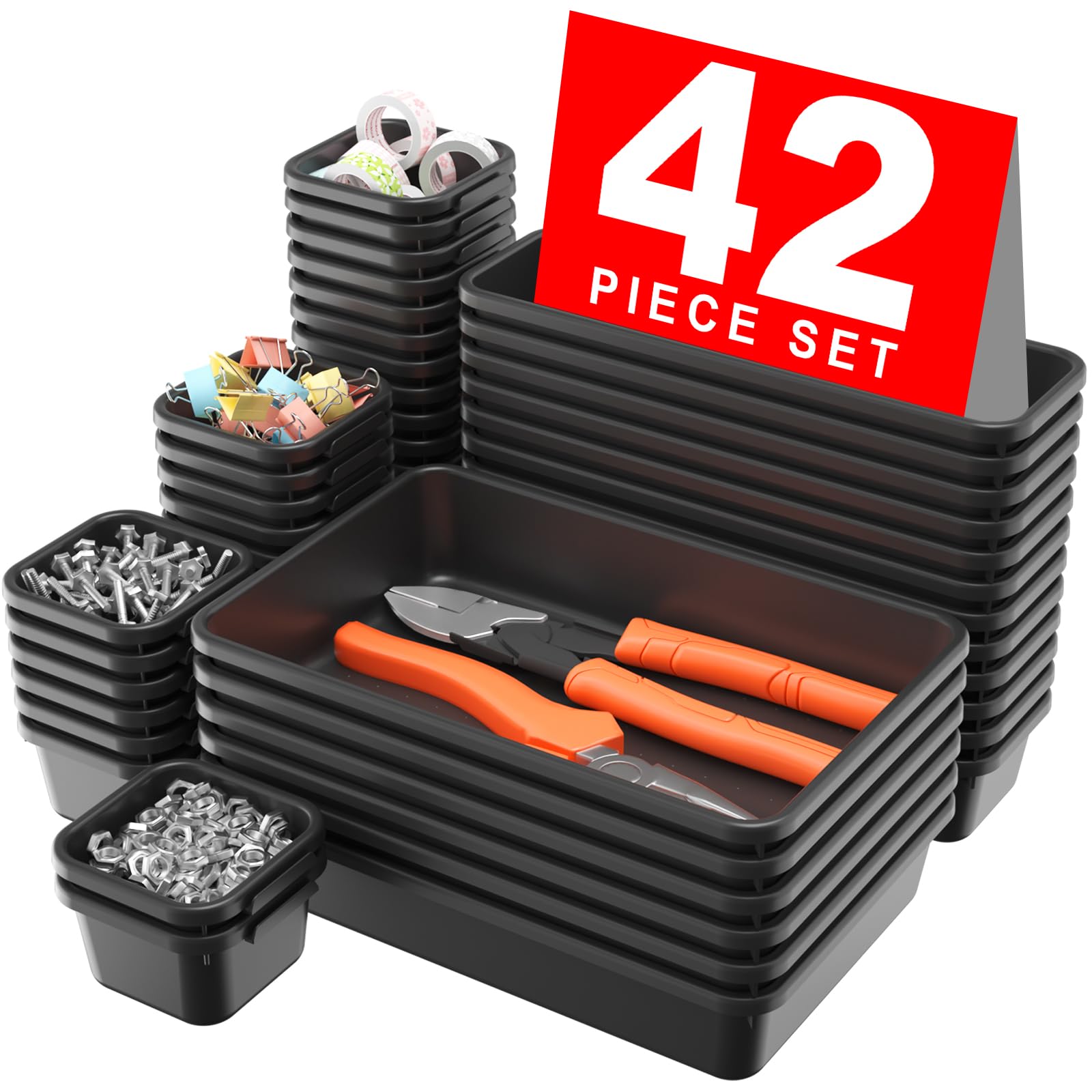 42PCS Black Tool Box Organizer Tray Divider Set - Heavy Duty Drawer Organizer for Garage & Workbench, Rolling Tool Chest Storage Accessories | Perfect for Small Parts, DIY Projects & Workshop Organization