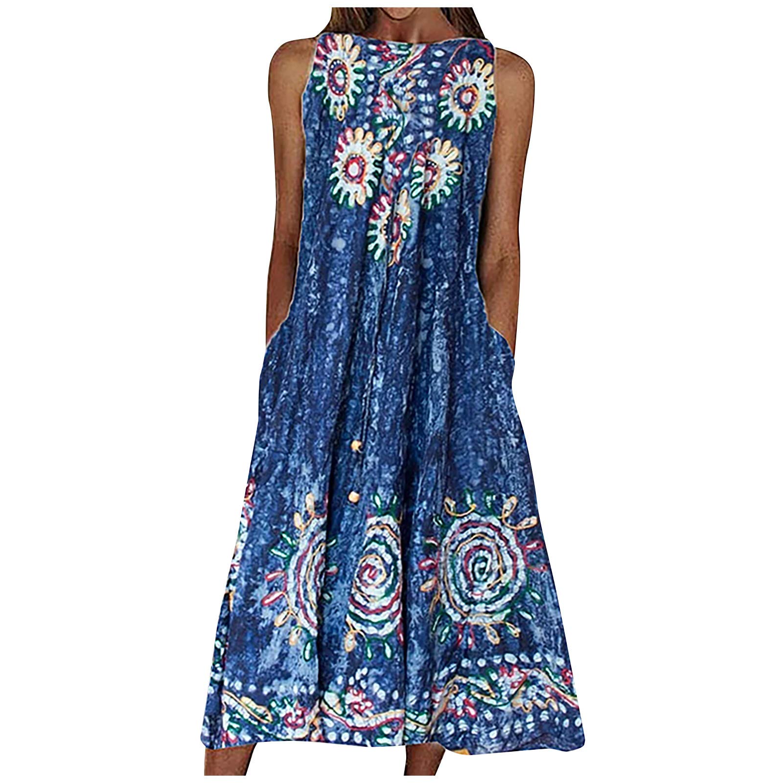 Women's Summer Sleeveless Floral Print Midi Dress with Pockets - American Flag Graphic Swing Sundress for Beach, Vacation & Casual Outings