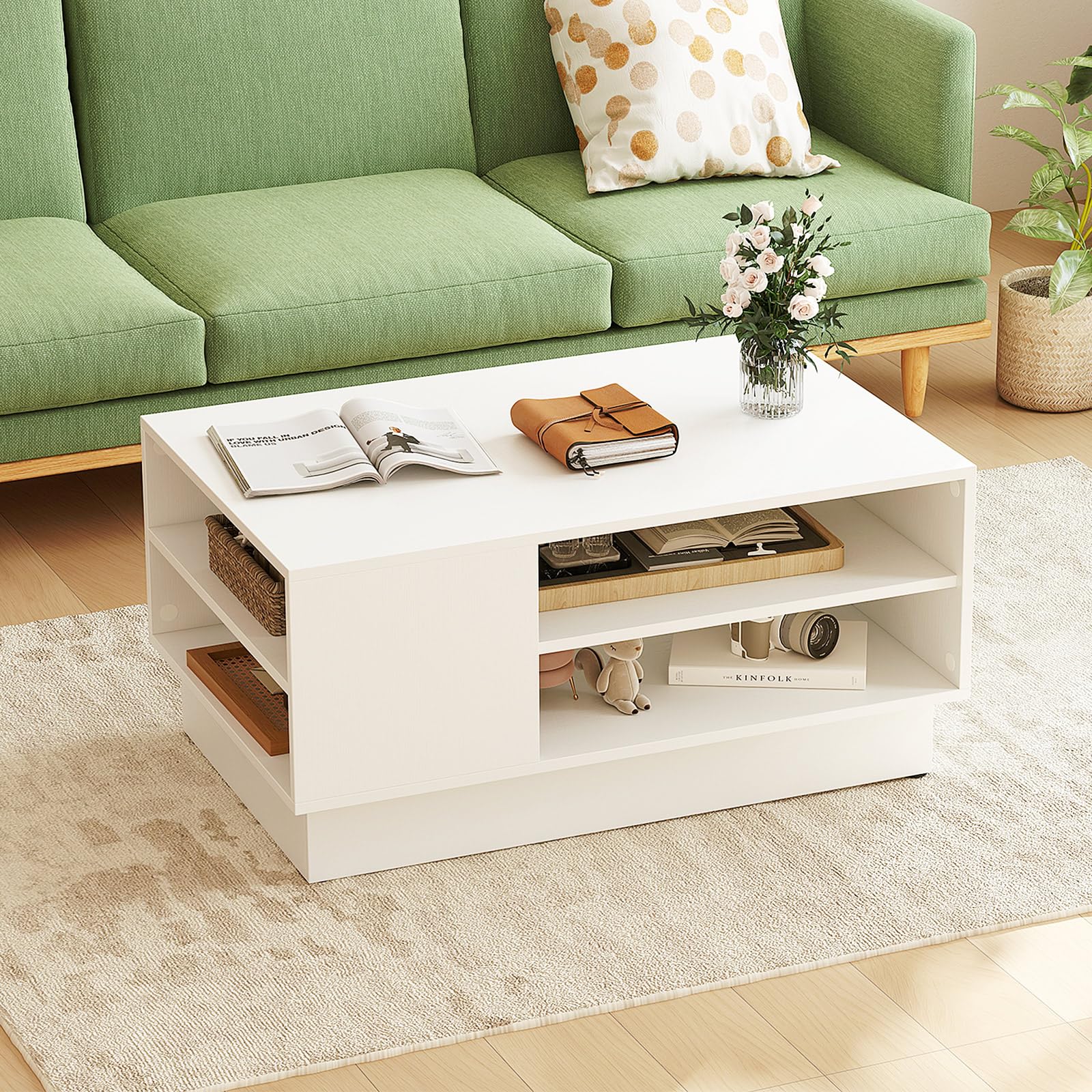Giantex Modern White 2-Tier Coffee Table with Storage Shelf - Geometric Rectangle Sofa Table with Elevated Base - Perfect for Living Room, Reception Area, Lounge & Small Spaces - Sturdy Accent Table for Coffee, Books & Home Decor