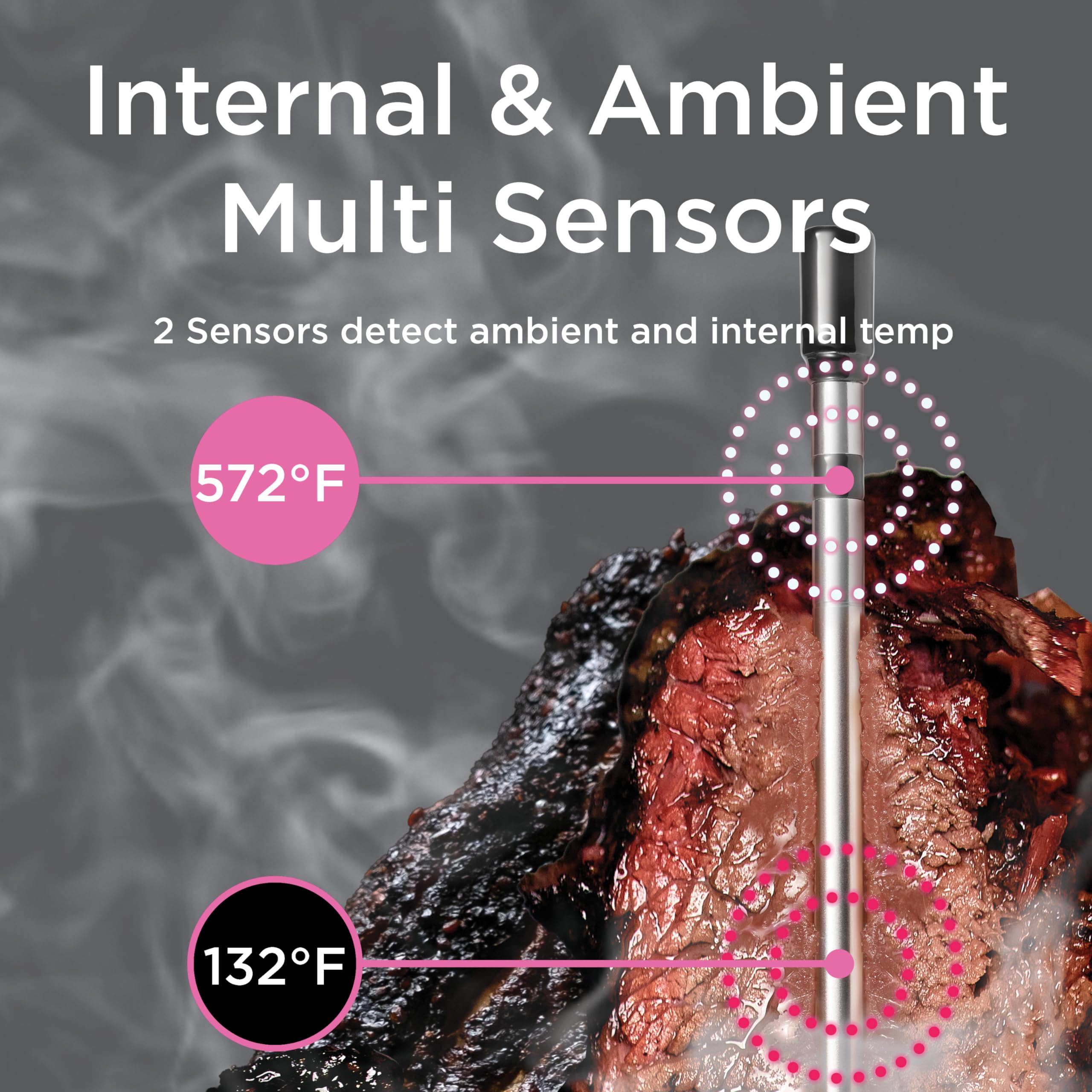 Wireless Meat Thermometer with Digital Probe - Bluetooth BBQ Thermometer for Grilling, Smoking & Oven Cooking - 800ft Range, Internal & Ambient Temp Monitoring - Perfect for Outdoor Cooking, Backyard BBQs & Kitchen Use (Black)
