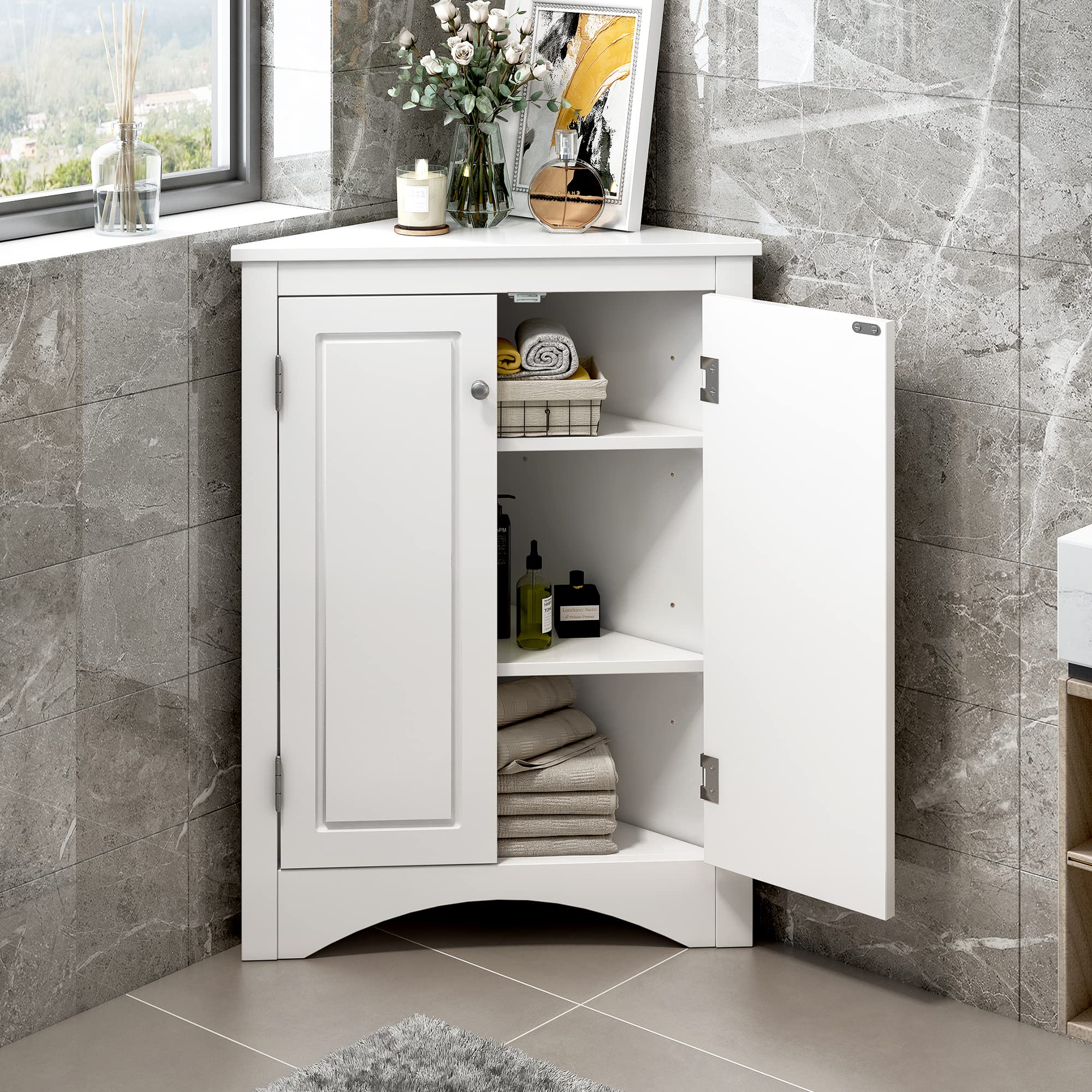 Merax White Freestanding Corner Cabinet with Adjustable Shelves & 2 Doors - Bathroom Storage Organizer for Towels, Toiletries & Cleaning Supplies