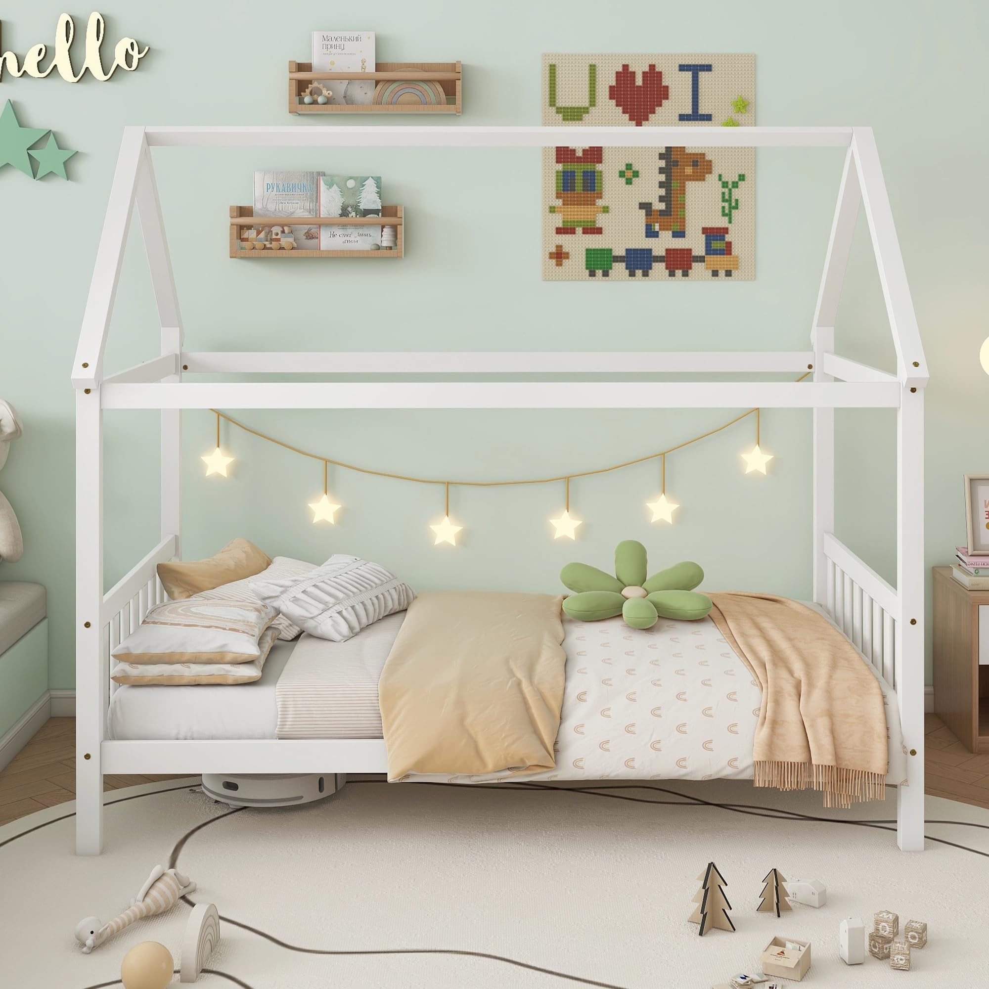 Montessori Twin Size House Bed for Kids - Solid Rubber Wood Platform Bed with Headboard, Footboard & Roof - Low Profile Bed Frame for Girls, Boys & Teens - Ideal for Bedrooms, Playrooms & Montessori Learning Spaces - White