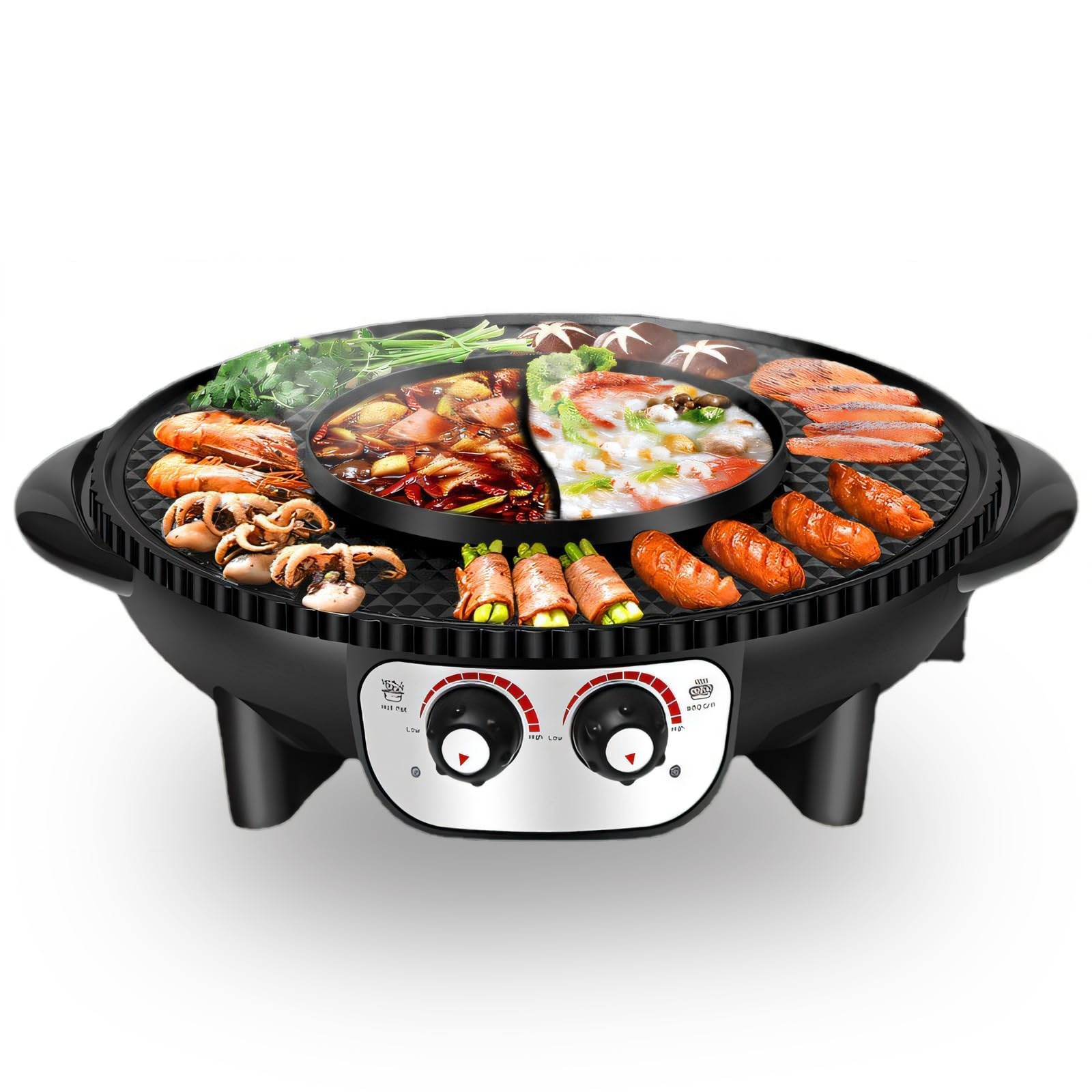 2 in 1 Electric Hot Pot & Korean BBQ Grill - Dual Temperature Control, Smokeless Nonstick Coating for Simmering, Boiling, Frying & Roasting - Perfect for Indoor Family Dinners, Parties & Asian Cuisine Cooking