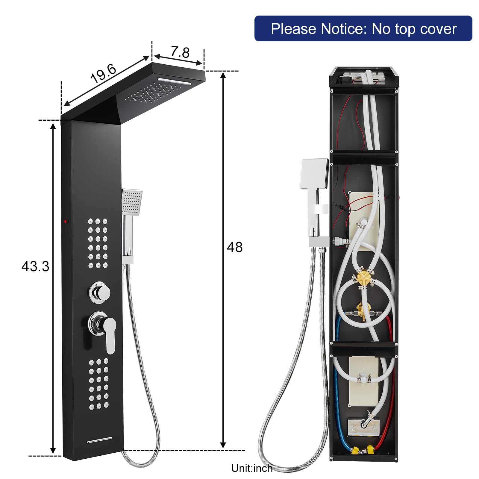 ROVATE 5-in-1 Stainless Steel LED Shower Panel Tower System - Rainfall Waterfall Shower Head with Massage Jets & Handheld Sprayer, High Pressure Shower Tower with Tub Spout (Black) - Perfect for Modern Bathroom Renovation & Spa-Like Shower Experience