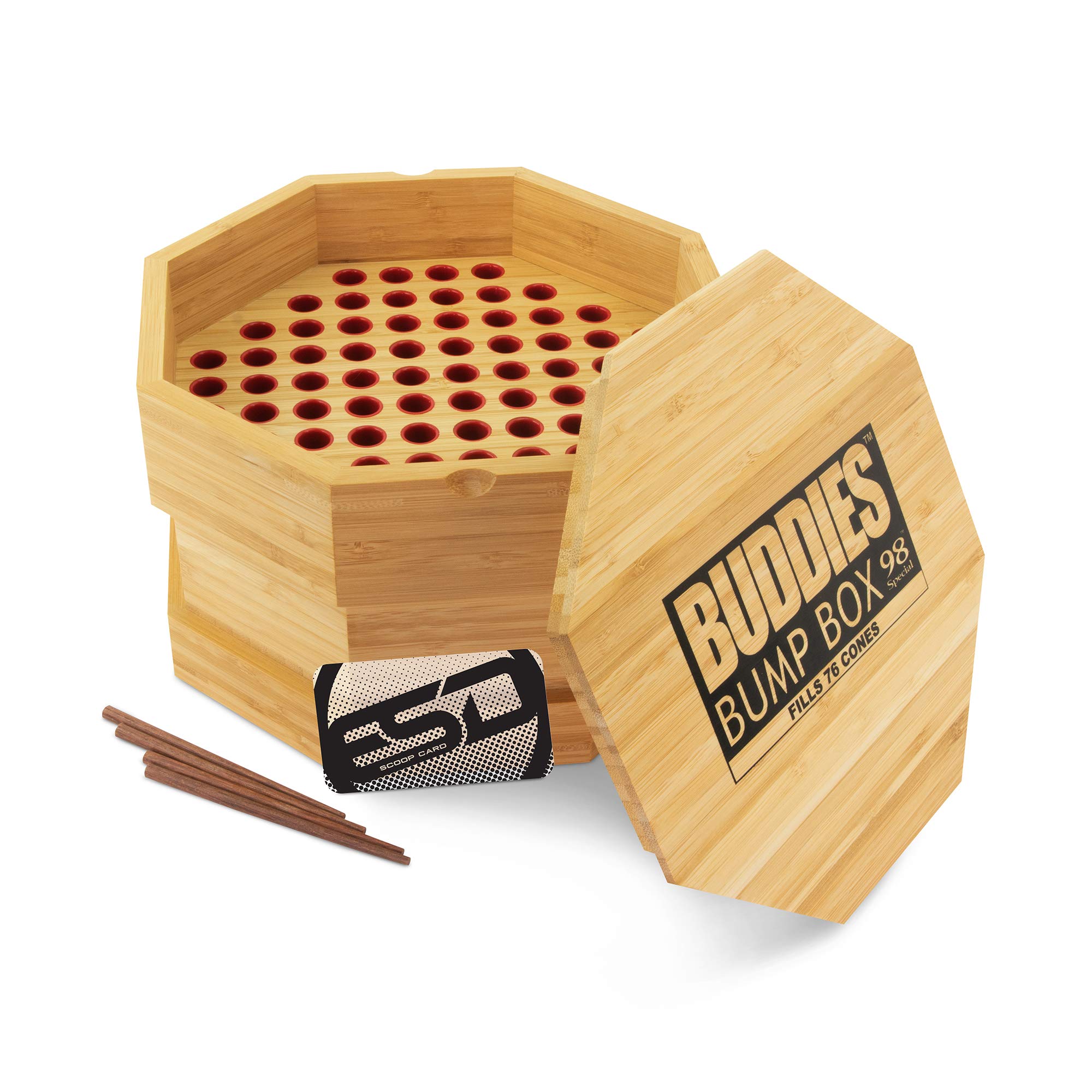 Buddies Bump Box Filler for 98 Special Sized Cones | Bulk Packing Wood Box Fills 76 Cones Simultaneously | Time-Saving ESD Scooping Card Included | Perfect for Dispensaries & Large-Scale Cannabis Packaging