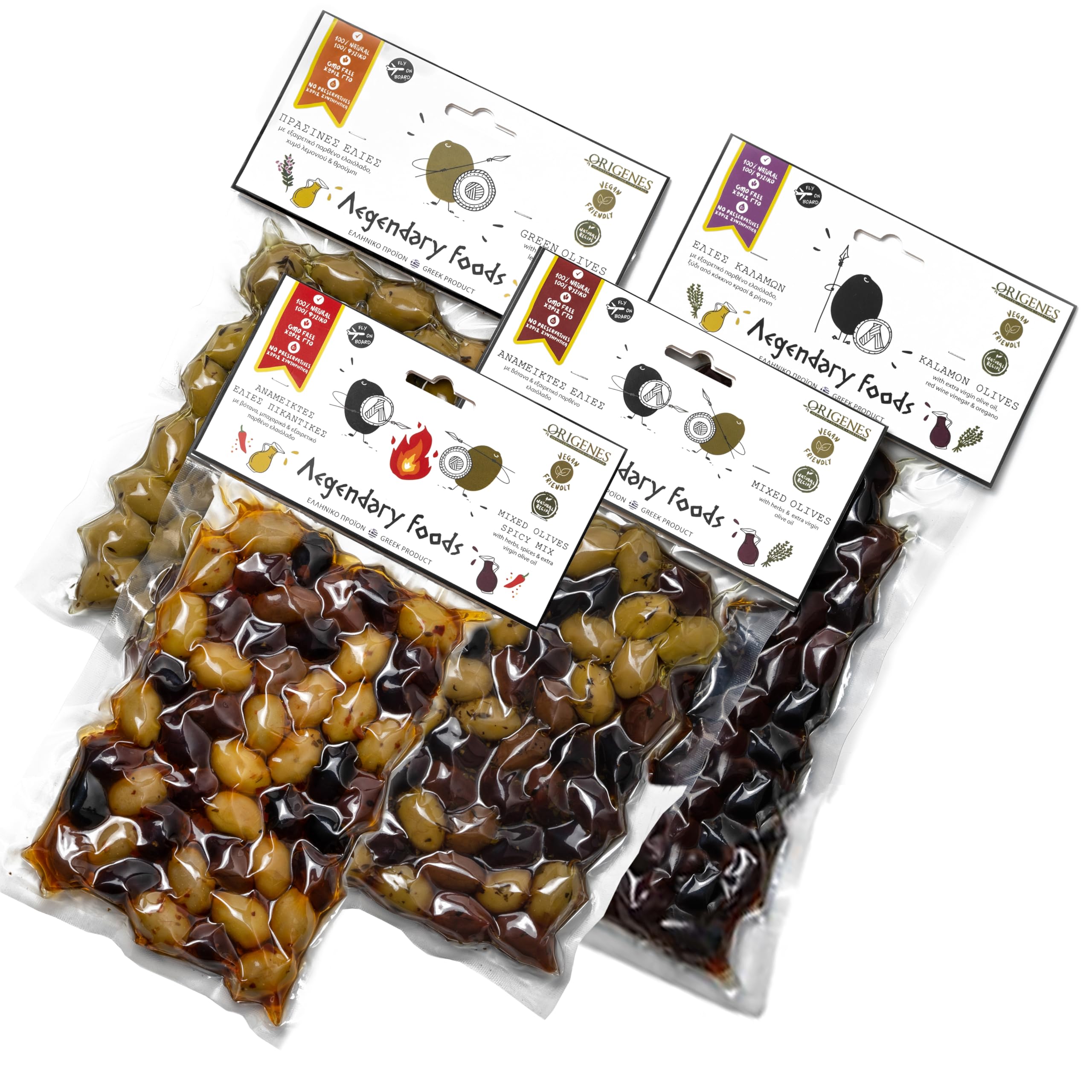Pack of 4 Premium Greek Olives in Vacuum Seal - Kalamata & Halkidiki Varieties with 4 Flavors in Extra Virgin Olive Oil (4X200g) - Perfect for Charcuterie Boards, Salads & Mediterranean Cooking