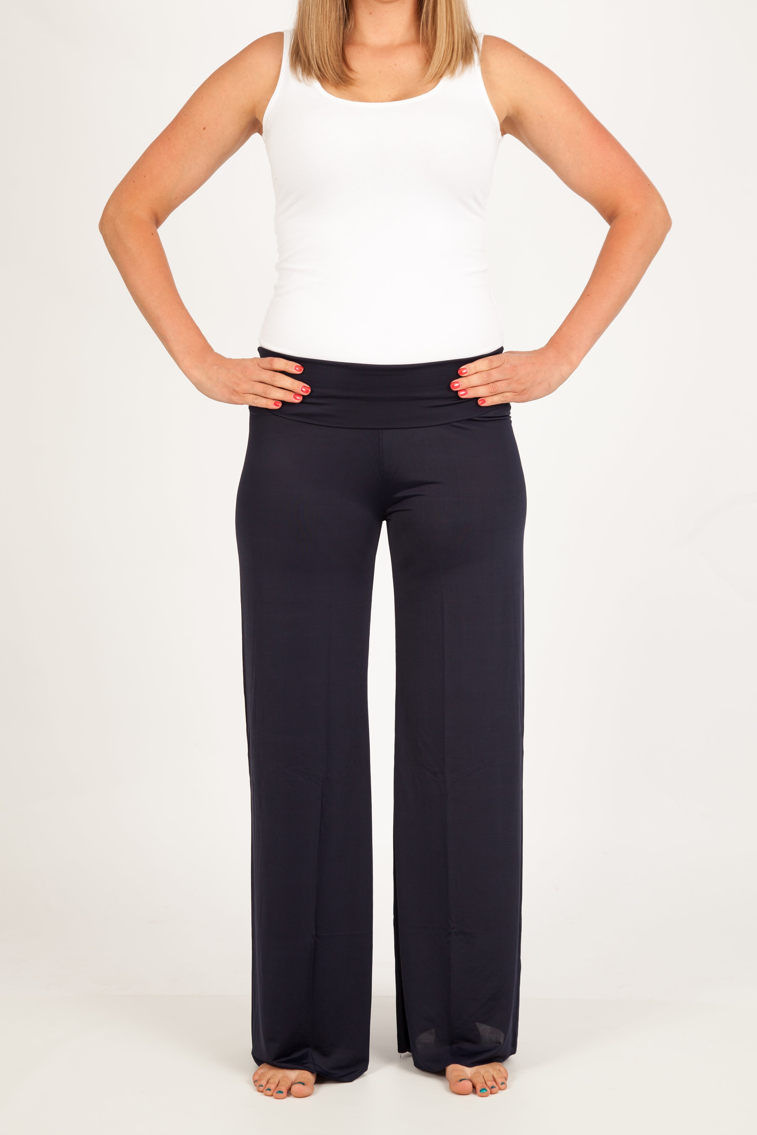 Navy Blue Palazzo Pants for Women - High Waisted Wide Leg Flowy Lounge Pants - Comfortable Casual & Work from Home Pants for Yoga, Travel, and Everyday Wear