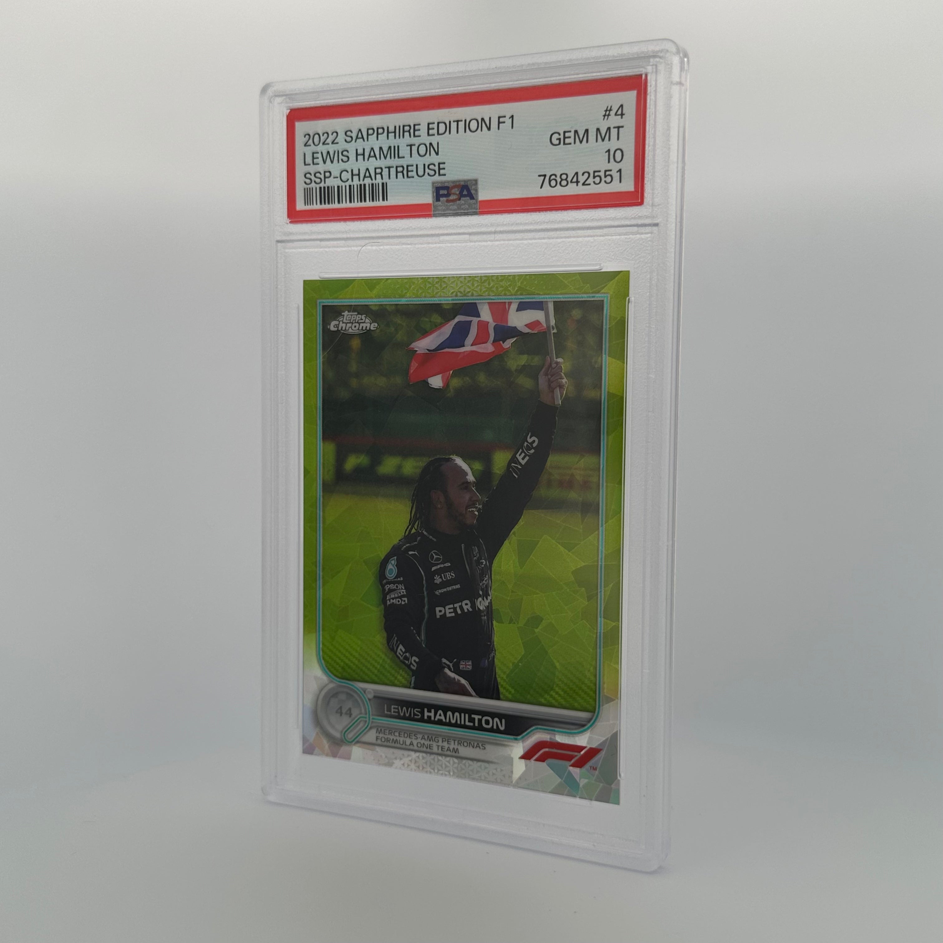PSA 10 Lewis Hamilton #4 44/199 Sapphire Edition SSP Chartreuse - Rare F1 Racing Collectible for Display & Investment