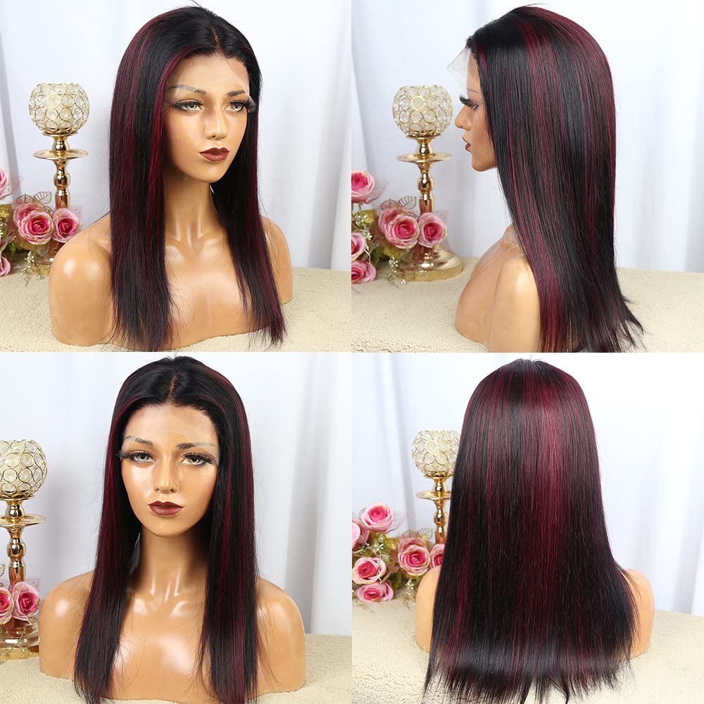 13x4x1 T Part Lace Front Wig Human Hair 1B/99J Ombre - 20 Inch Straight Wigs for Black Women with Baby Hair & 130% Density | Highlight Lace Front Wigs for Daily Wear, Parties & Special Occasions