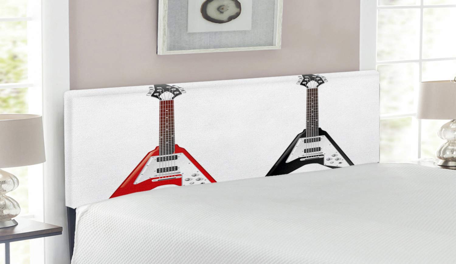 Ambesonne Guitar-Shaped Headboard for Queen Bed - Rock & Roll Inspired V-Design Upholstered Metal Bed Frame with Memory Foam - Multicolor Musical Instrument Decor for Bedroom & Music Lover's Home