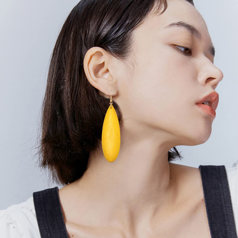 Handmade Lightweight African Teardrop Wood Earrings for Women - Natural Wood Bohemian Retro Dangle Drop Earrings, Vintage Geometric Long Big Design in Black Brown & Yellow | Perfect for Boho Chic, Festival, Casual & Party Outfits