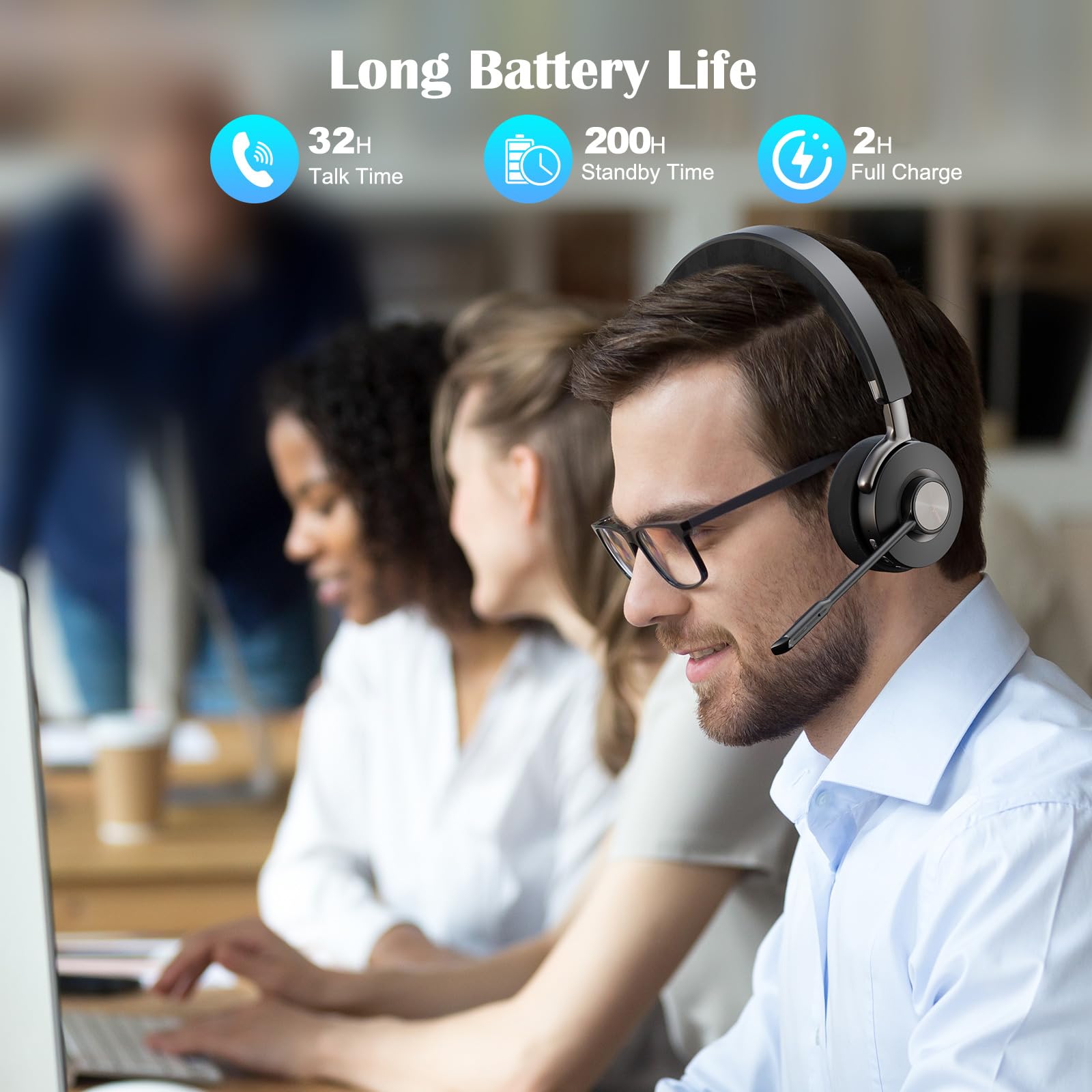 MAIRDI Wireless Bluetooth Headset with Microphone - AI Noise Cancelling for PC, Laptop, Phone - 40 Hours Battery Life - Perfect for Office, Call Center, Remote Work & Online Meetings (Teams, Zoom, Skype)