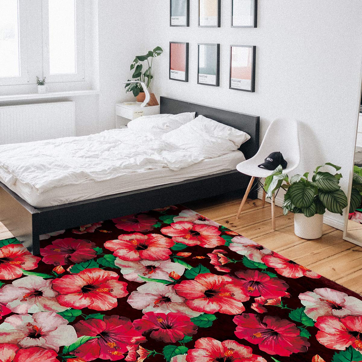 Ultra Soft Red Hibiscus Tropical Leaves Pattern Indoor Area Rug - 3'x5' Rectangle Floor Mat for Bedroom, Living Room | Perfect for Boho Decor & Cozy Home Accents