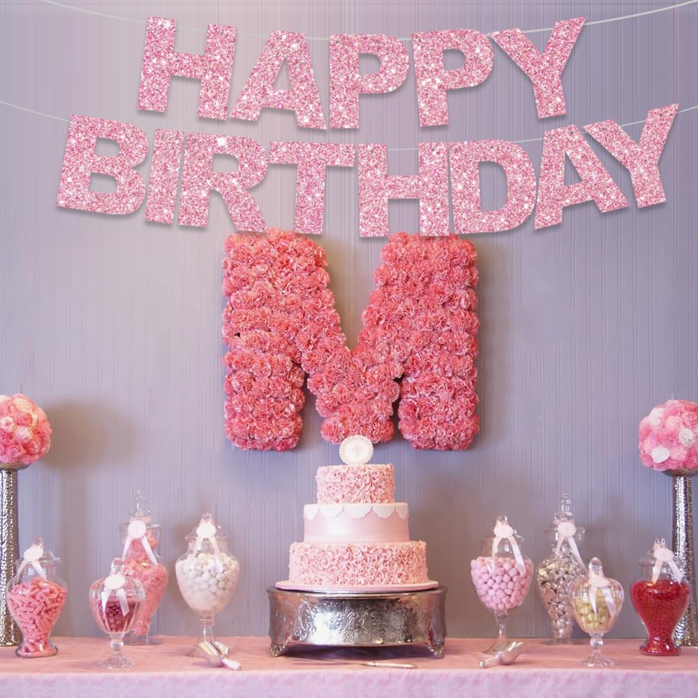 BEISHIDA Pink Happy Birthday Banner - Pre-Strung No DIY Birthday Decorations - Happy Birthday Sign for Women & Kids - Perfect for Party Backdrop, Wall Decor, and Birthday Photo Booth Background
