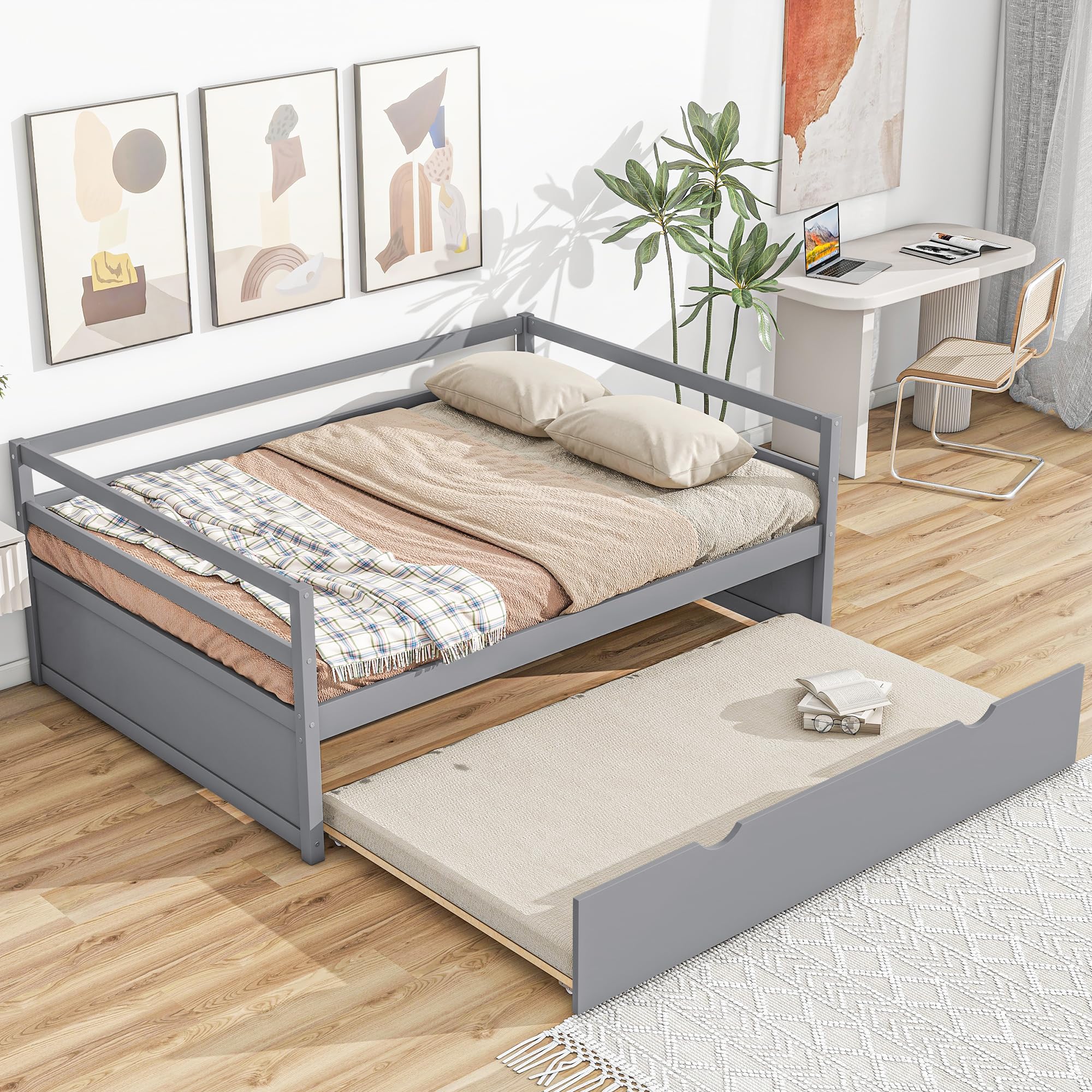 Merax Twin Size Daybed with Trundle - Solid Wood Captain's Bed Frame, Convertible Sofa Bed for Guest Room & Small Spaces (Grey) | Perfect for Home Office, Dorm Room & Studio Apartments
